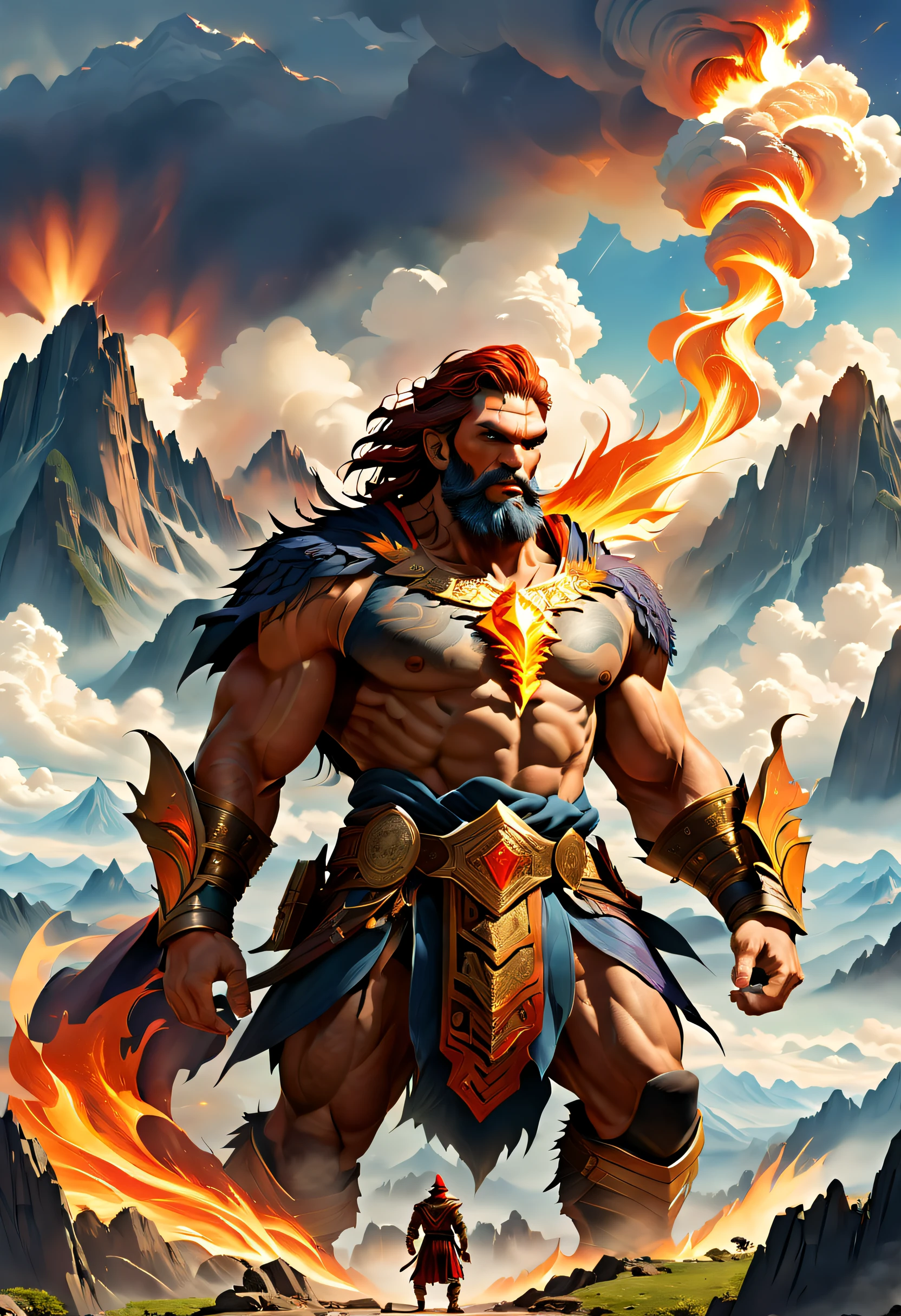 In the vastness of the ancient world，A giant runs across the vast land with huge steps，His towering body was covered in a rocky carapace，Mysterious runes and patterns are engraved on it。Every step he took shook the earth，The roar resounded throughout the world。His gaze was shining，Burning with a frenzied flame，As if it could reduce all obstacles to ashes，(Giants stand on the earth，The Earth looks small，Miniature land with mountains: 1.5)，((The clouds are all in the giant's waist))，The earth trembles，The mountains are shattered，The river flows backwards。Huge waves rolled under his feet，It's as if it's going to swallow the whole world。