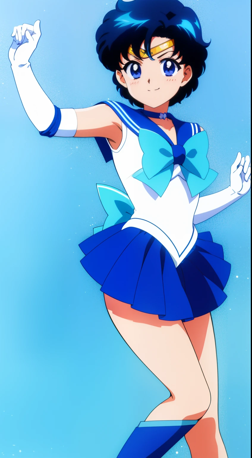 (Highest quality), (masterpiece:1.2), (Very detailed), (Sailor Mercury), One Girl, View your audience, smile, Mid-chest, Watery eye, Blue Hair, short hair、((barefoot))、((Sailor Mercury))、((Long gloves))、leotard、(Blue mini skirt: 1.3)、(boots), Cowboy Shot, fighting pose, Outdoor,