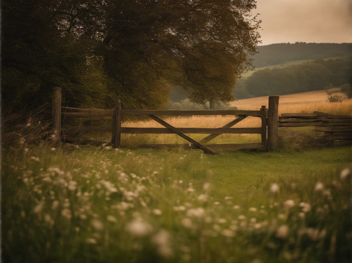 foreground wooden farm gate in old dry stone wall with grass and plants. middle ground English rural farmhouse and trees with a field in front with scattered wildflowers and a path to the gate. atmospheric sky in the background. hi res. realistic.