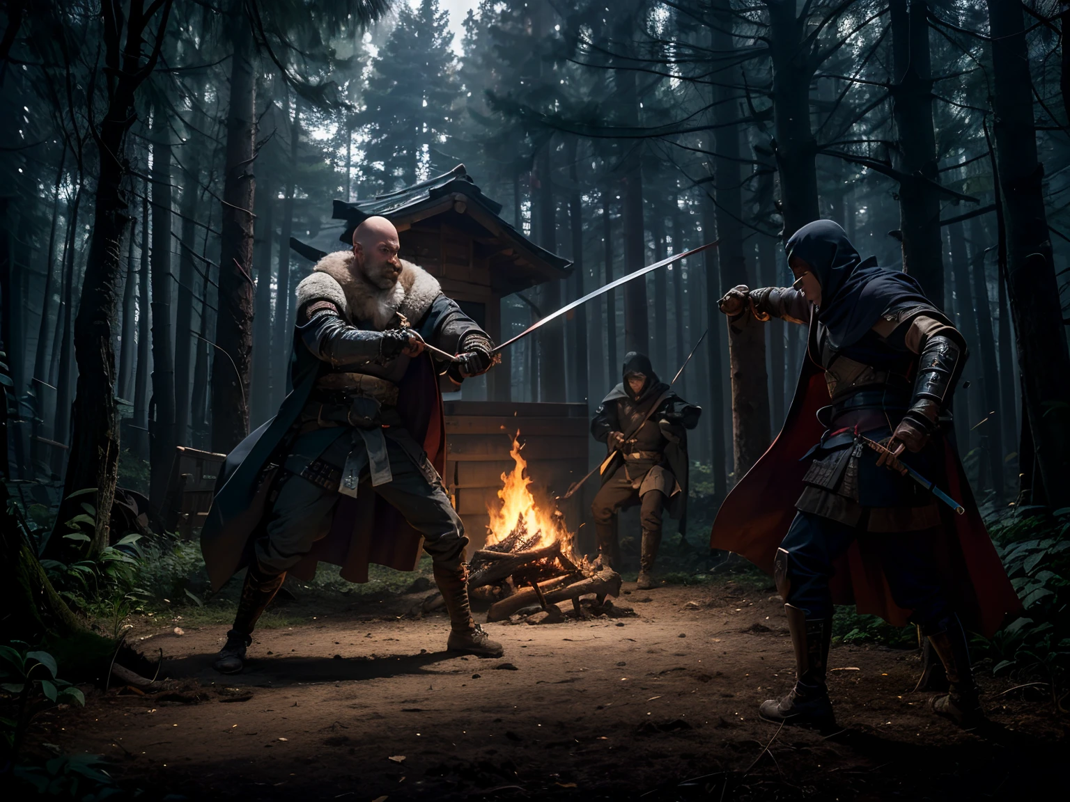 (Two robbers attacking samurai), ( robbers: dynamic poses, dirty clothes, male, dark capes, fur, no armor,archer, mace),( samurai: blue kimona, calm, bald, fat), (background: wooden shelter in dark forest, campfire, muddy ground )