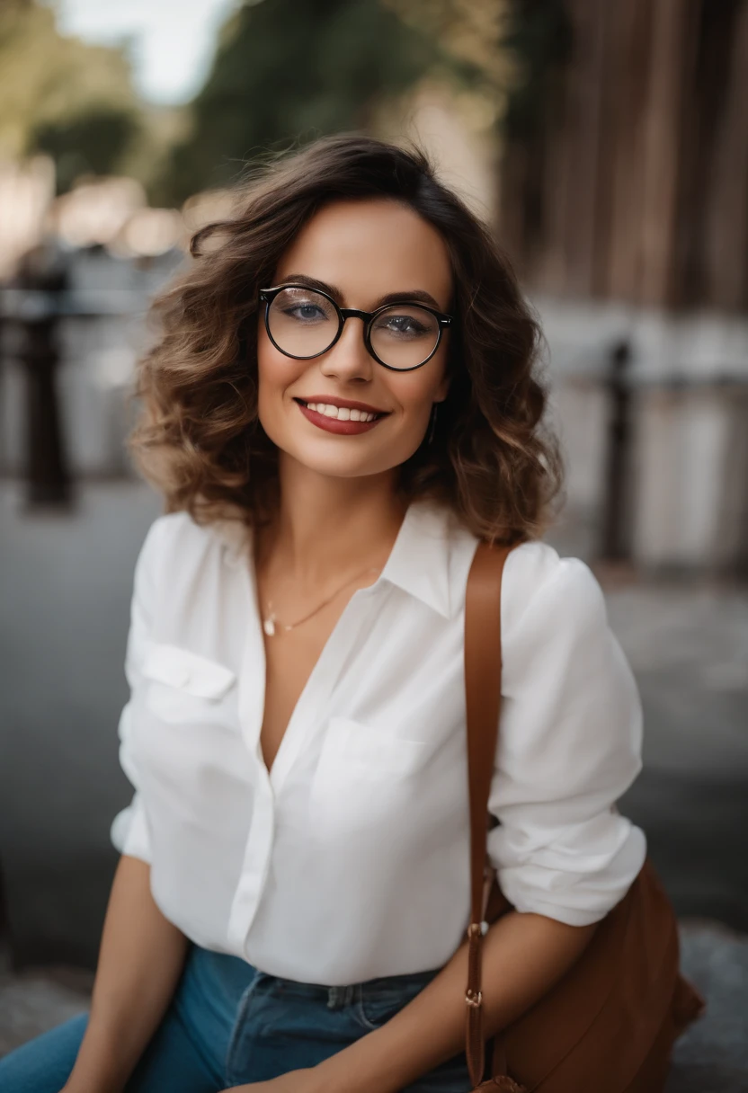 Um filme inspirado na Disney Pixar com tema do cartaz O Estante de Arquitortura, jovem 38 anos,There is a woman in glasses posing for a photo, With eye Glasses, wearing thin large round glasses, imagem de qualidade muito baixa, with glasses on, wearing small round glasses, Fotografia selfie 8k, foto de perfil profissional, bespectacled, selfie shot straight on angle, taken with sony a7r camera, lovingly looking at camera, !!wearing modern glasses!! camisa branca social, projetando no notebook