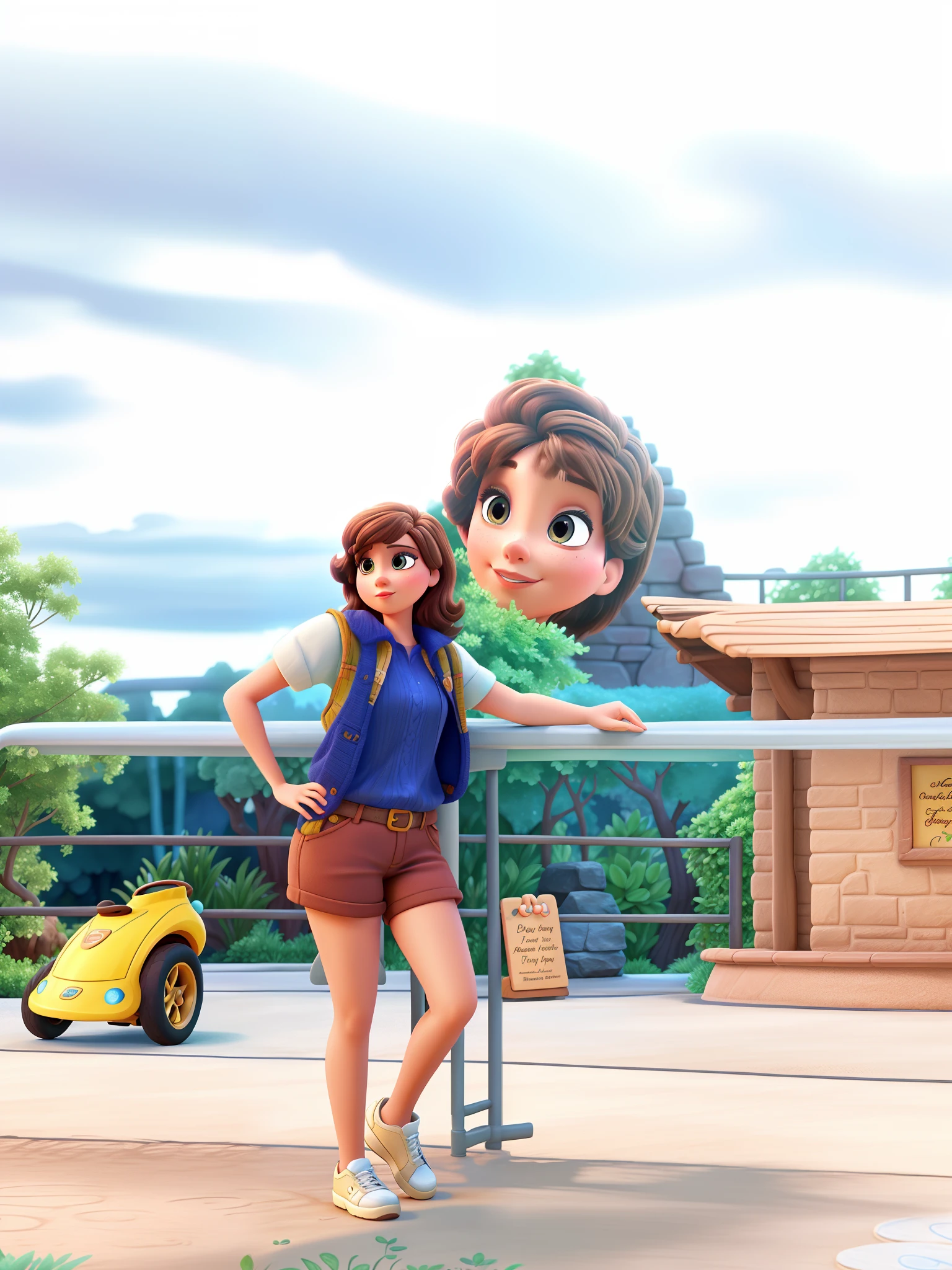 brown short-haired woman in Disney Pixar style, high quality, best quality, ultra-detailed, realistic, vivid colors, detailed eyes, detailed lips, feminine features, expressive face, graceful pose, enchanted garden background, soft lighting.
