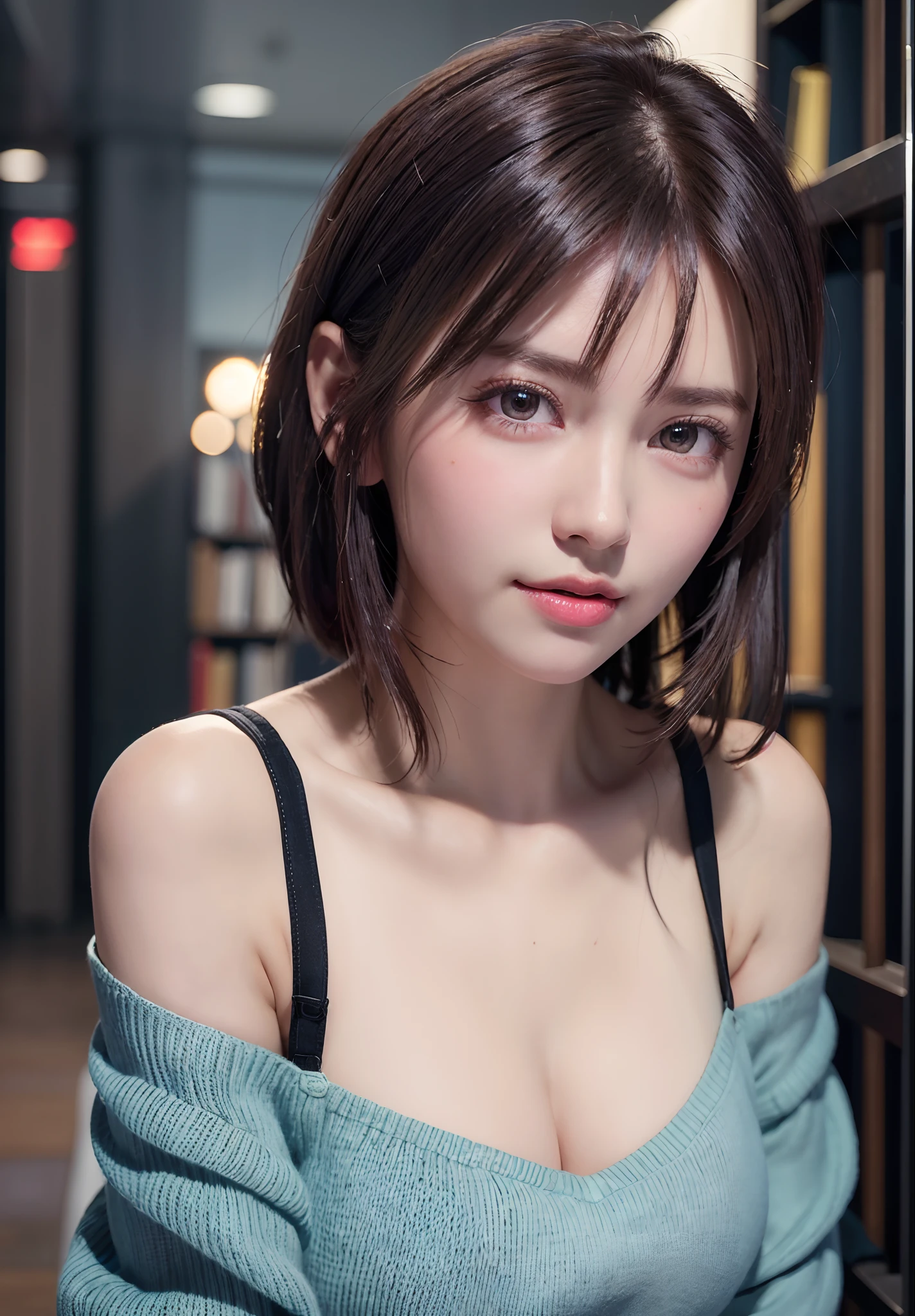 top-quality、8K Masterpiece、超A high resolution、(Photorealsitic:1.3)、Raw photo、1人、Short bob hair、dark brown hair、((slightly disheveled hair))、glowy skin、((super realistic details))、portlate、globalillumination、Shadow、octan render、8K、ultrasharp、beauty breast、cold color、、highly intricate detail、Realistic light、CGSoation Trends、Beautiful eyes、radiant eyes、Facing the camera、neon details、((Off-the-shoulder light blue sweater))、((Headband in hair)),ssmile,((The background is the National Library))