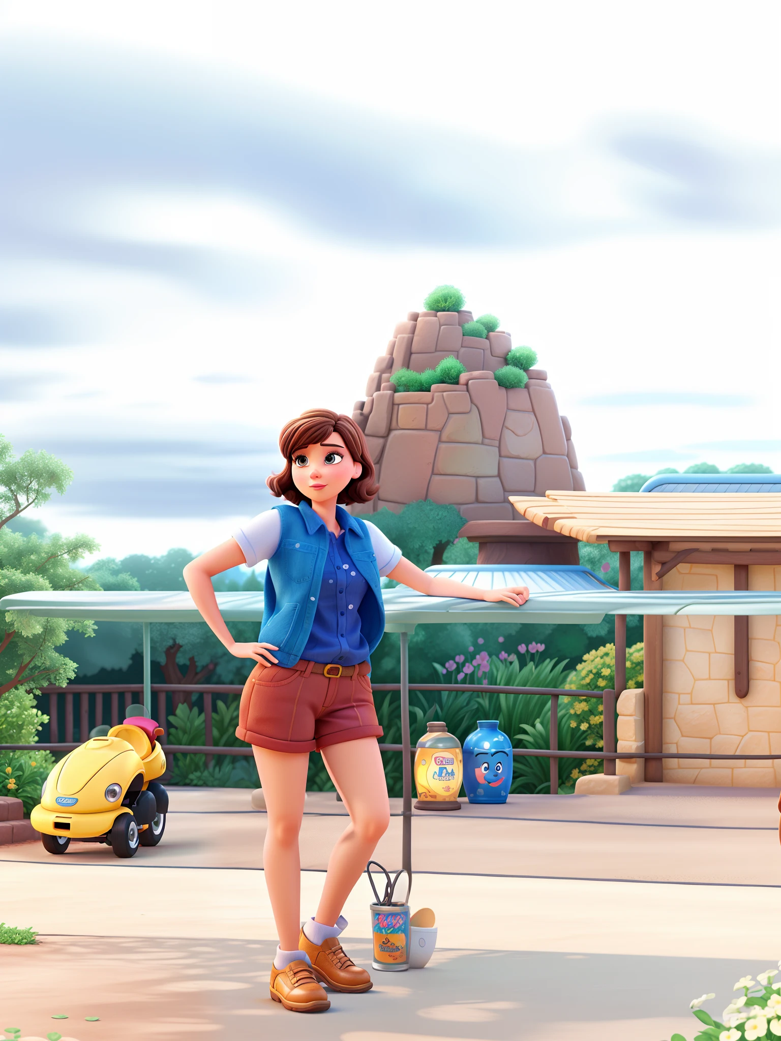 brown short-haired woman in Disney Pixar style, high quality, best quality, ultra-detailed, realistic, vivid colors, detailed eyes, detailed lips, feminine features, expressive face, graceful pose, enchanted garden background, soft lighting.