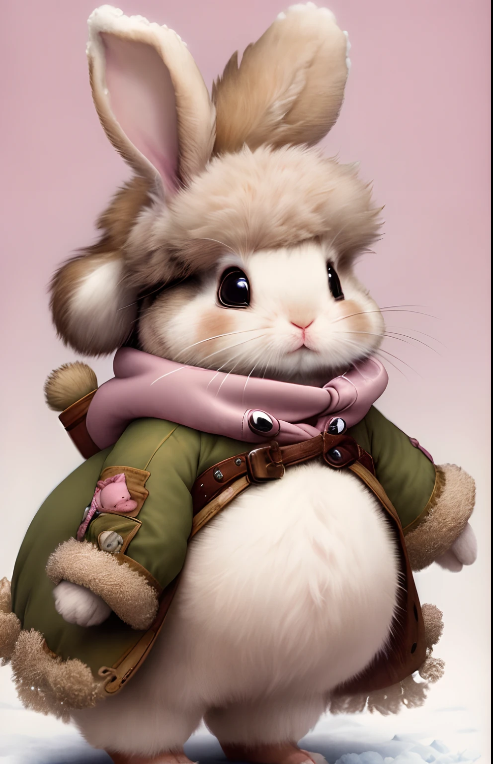 Jean-Baptiste Monge's painting of a small fluffy rabbit with cabbage, dressed in a warm dress, On Ear Pink Bow With Rescue Gear On Winter Day With Snow, ,jean - baptiste monge, anthropomorphic --ar 2:3 --testp -optimistic;