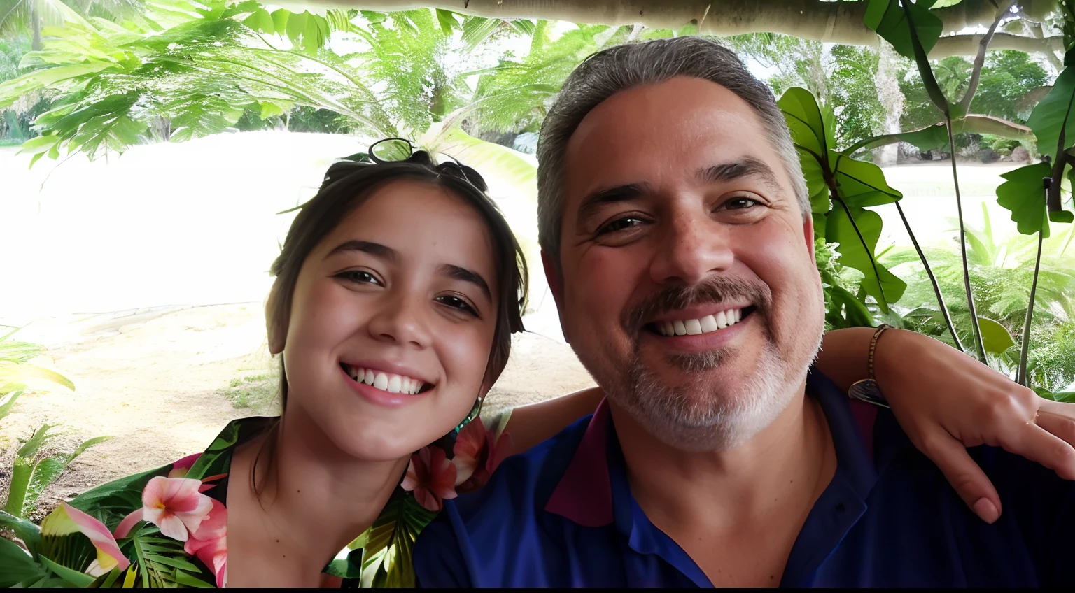 Father and daughter posing for a photo in front of a tree and tropical vegetation