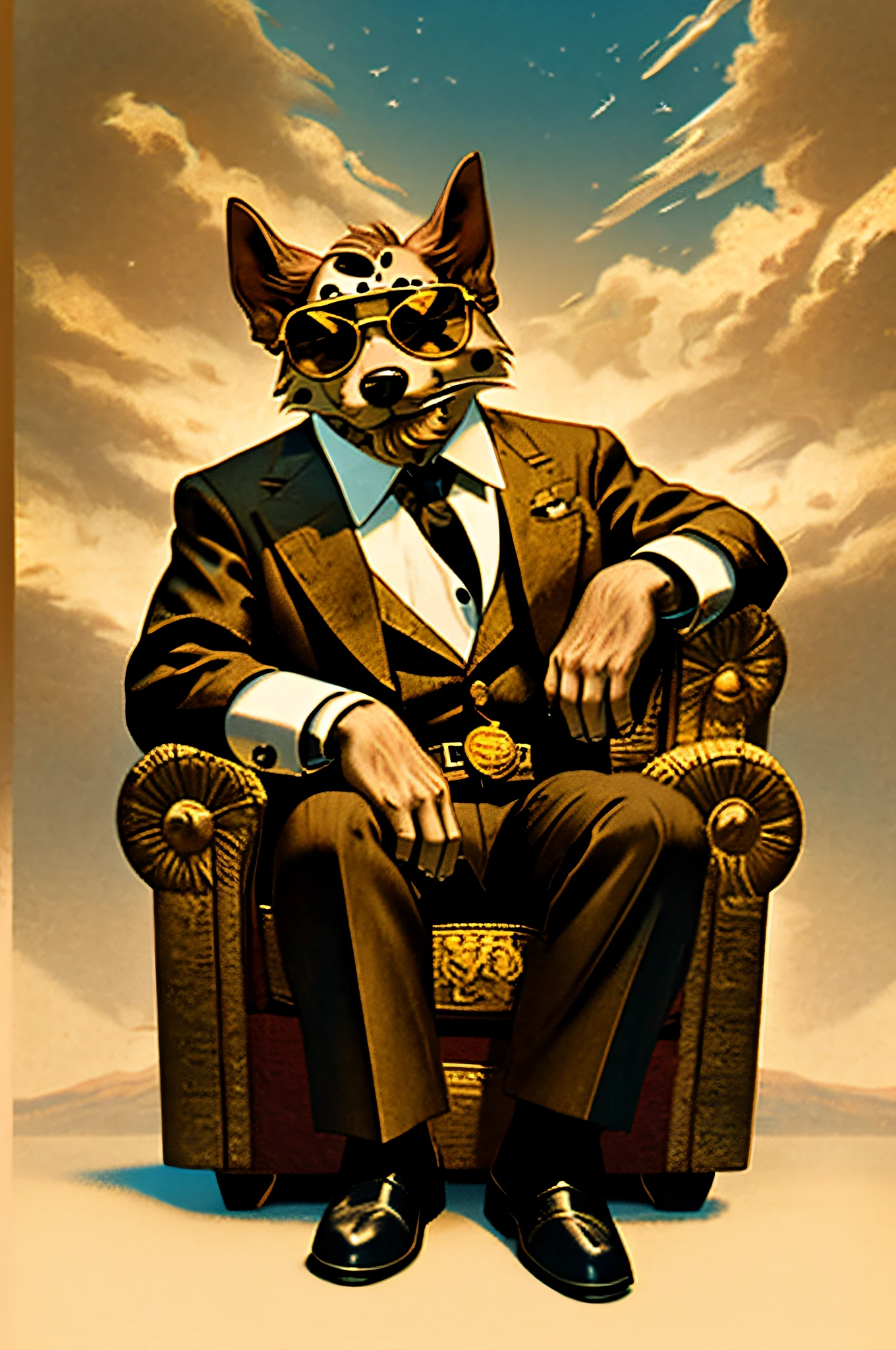 Wear sunglasses、An old Dalmatian dog with a cigar and a mafia boss sitting in an armchair、Gold coins falling from the sky、Vintage Sepia Photography