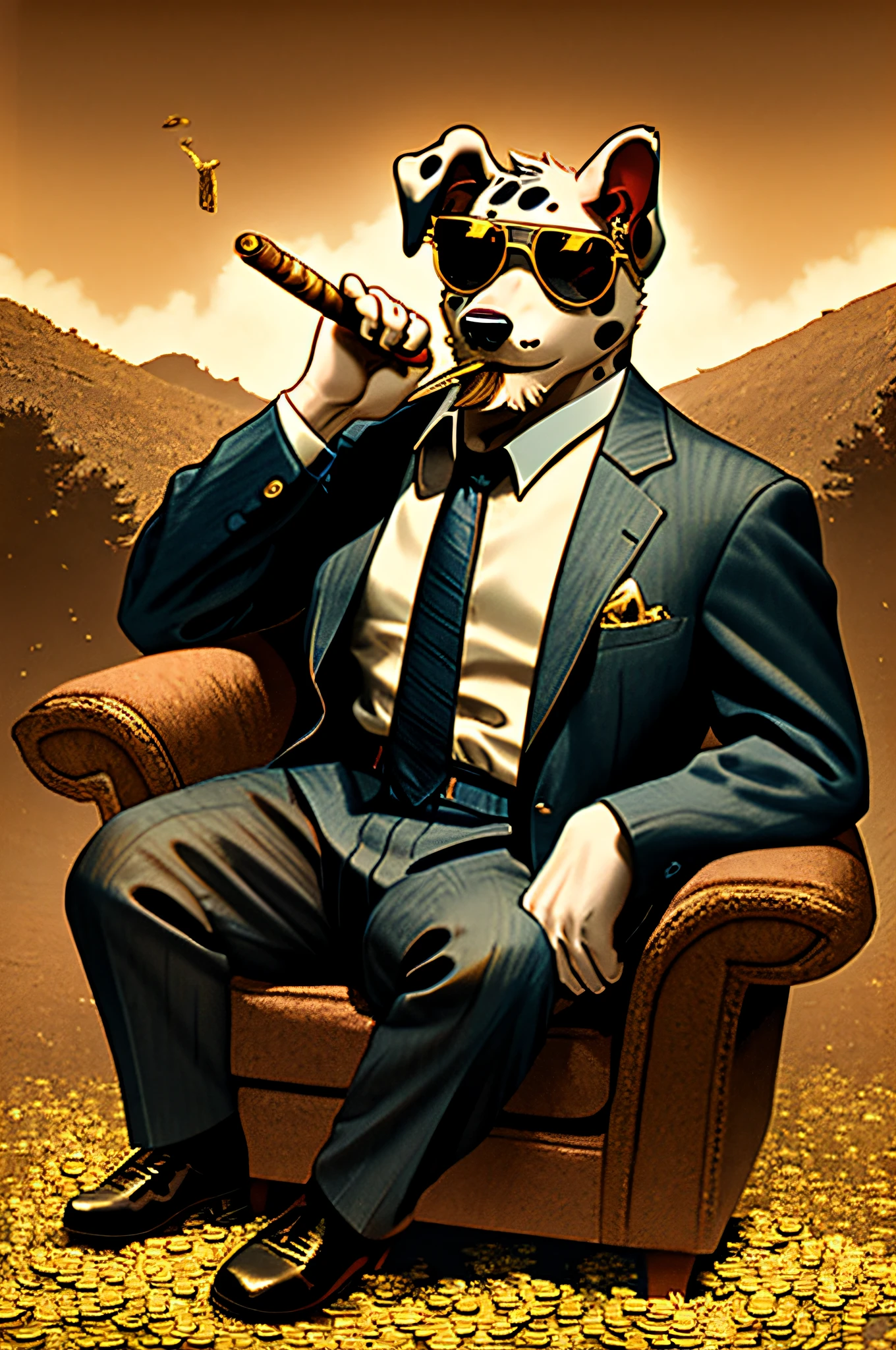 Wear sunglasses、An old French bulldog with a cigar and a mafia boss sitting in a chair with armrests、Gold coins falling from the sky、Vintage Sepia Photography