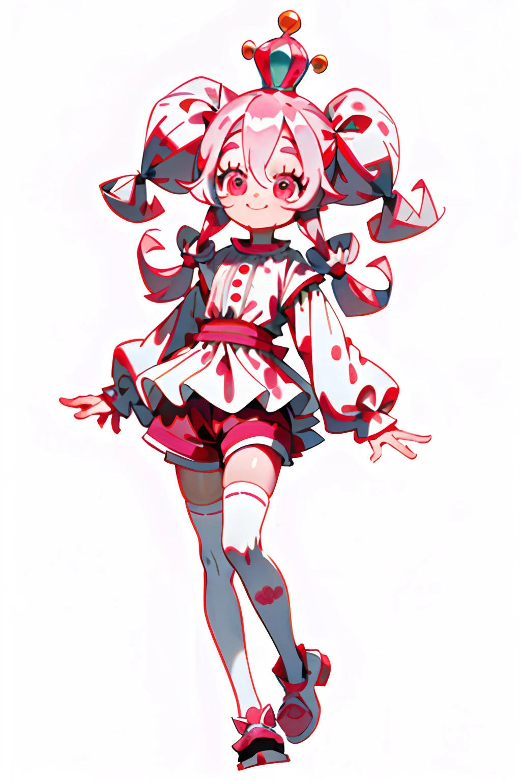 Crazy, girl, long hair, curly hair, pink hair, full body picture, pink eyes, heart shaped pupils, insane smile, blood splatter, 1GIRL, insane girl in long pink hair, crown, princess bubblegum style, finely detailed, (best quality), (intricate details), cute style, loli, jester style, multicolored, ((long pink messiest hair in pigtails)), best quality, ((long sleeve shirt and shorts)), ((red and white clothes)), ((jester style clothes)), ((thigh high socks)), ((round eyes)), ((has jester makeup)), beautiful face, happy, cute face, pinup, perfect face, simple background portrait, clowh hear cards, bubble gums