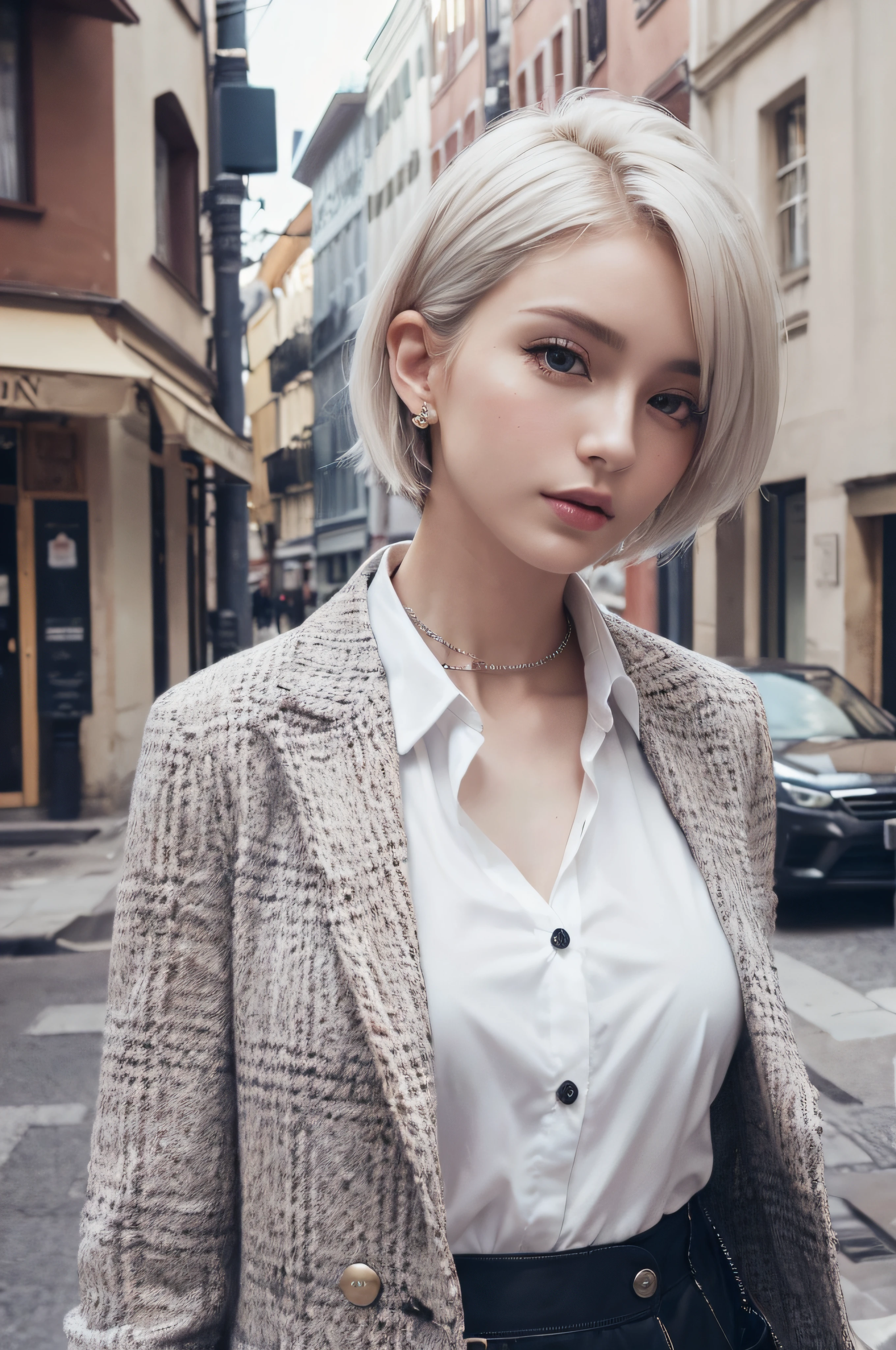 (((extremely fine and beautiful, perfect detail, Ultra Detail))), Whole body, The most detailed girls, depthoffield, Cool pose, beautiful detailed fullbody, neat figure, 1 rapariga, 30 years old, Very short hair, spiked hair, White and silver hair, beautiful detailed hair, Perfect face, deadpan, beautiful detailed deep eyes, Slightly open mouth, Delicate arm and hands, flat chest, pale skin, Piercing, Beautifully gorgeous necklace, Bustling street,Milan cityscape, HD Backgrounds, Blurry background, extremely delicate and beautiful, Best Masterpiece, (((best qualtiy, very fine 8KCG wallpaper))),(((Posing like a model))),(((Trendy hairstyles,Trendy fashion,Check jacket,white shirt,With collar,long-sleeve,open buttons,full throttle))),(inside in room,Stylish interior,window),