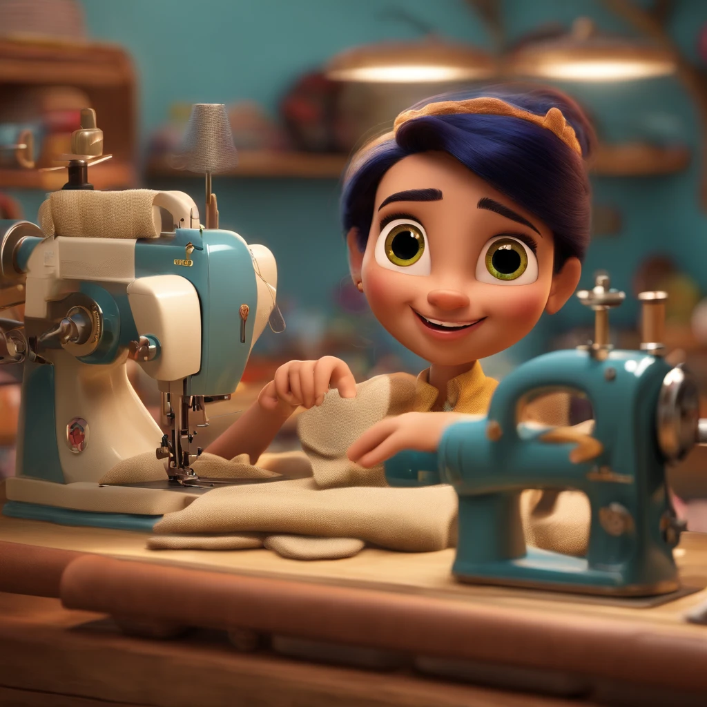 Create a Disney-inspired movie poster featuring a clothing company, with some employees working at sewing machines, with a focus on a beautiful woman working on a 3D Digital Embroidery machine. The scene follows Pixar's signature digital art style, focusing on character expressions, digital art, and realistic 3D imagery, vibrant colors, and detailed textures that are characteristic of its animations. Make sure the image is captivating and conveys the essence of a chic clothin