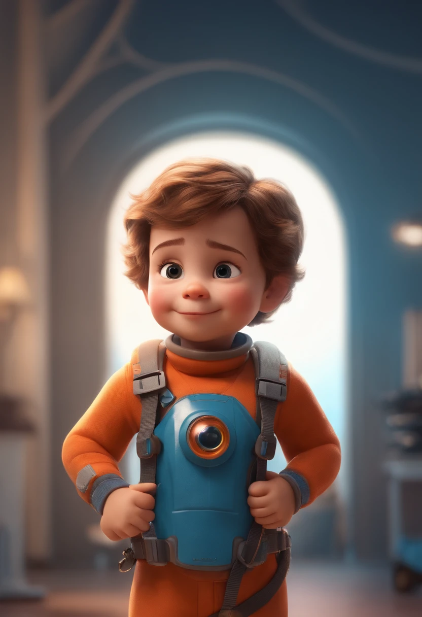 a happy cute ??? standing short hair, vestindo uma fantasia espacial, , fundo branco, barnet, Tom, Estilo Pixar, ....3d, desenhos animados, rosto detalhado, asymmetrical 16k