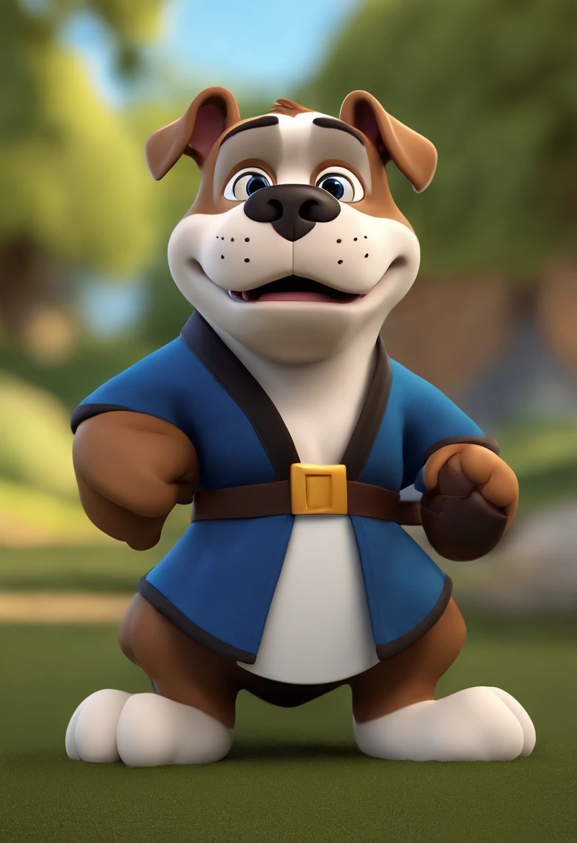 Cartoon character of a bulldog with black kimono and a blue shirt, animation character, Caractere estilizado, animation style rendering, 3D estilizado, Marcos Flexa render, 3 d render stylized, toon render keyshot, Personagem 3D, Personagem 3D, 3d rendering stylized, 3 d character render, personagem de desenho animado, Personagem de close up, Pose de personagem,  (Estilo Pixar) (master part:1.2) (Bokeh) (best quality) (pele detalhada) (textura detalhada) (8k) (argila) (Cinematic lighting) (foco nítido