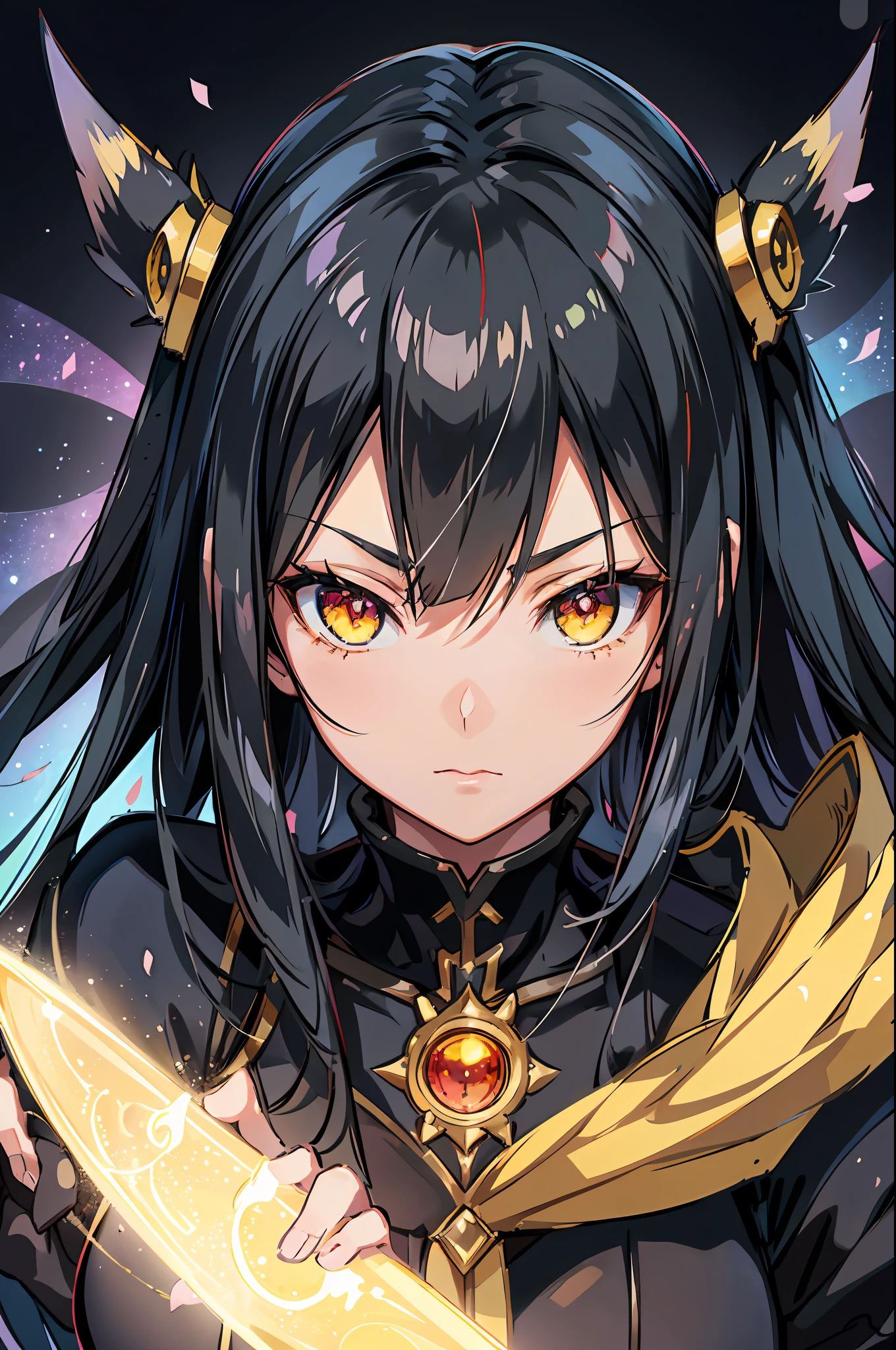 masterpiece, best quality, 1women, adult, female focus, solo, medium black hair, vibrant black eyes, looking at viewer, medium tits, closed mouth, emo, Fantasy aesthetics, Highly detailed, shadowverse style, wearing kamen rider armor with gold and pink color