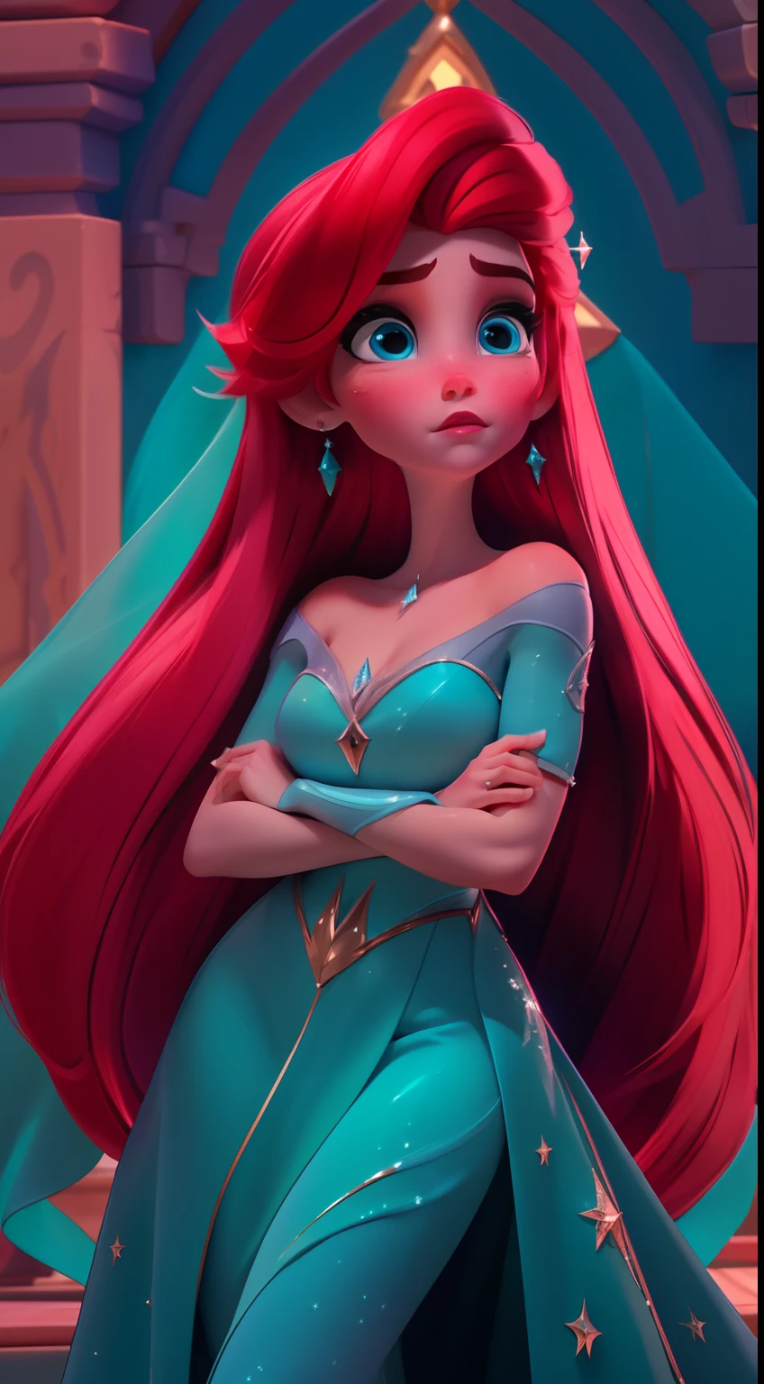 Elsa-Ariel Fusion, Mesclando modelos, melting, Roupas da Ariel, 1girl, Beautiful, character, Woman, female, (master part:1.2), (melhor qualidade:1.2), (sozinho:1.2), ((pose de luta)), ((campo de batalha)), cinemactic, olhos perfeitos, pele perfeita, perfect lighting, sorrir, luz, cor, pele texturizada, detalhe, Beleza, maravilha, ultra-detalhado, rosto perfeito