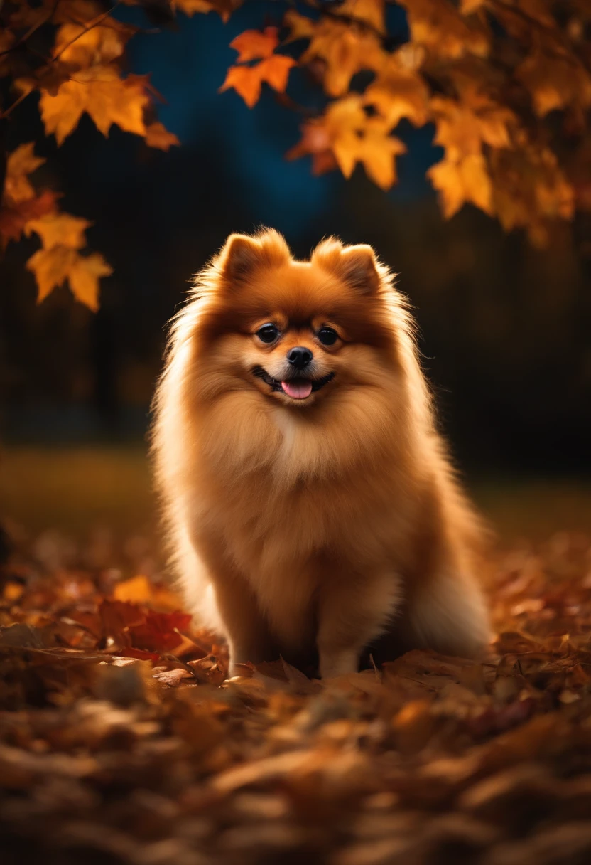 Image of a Pomeranian in autumn at night