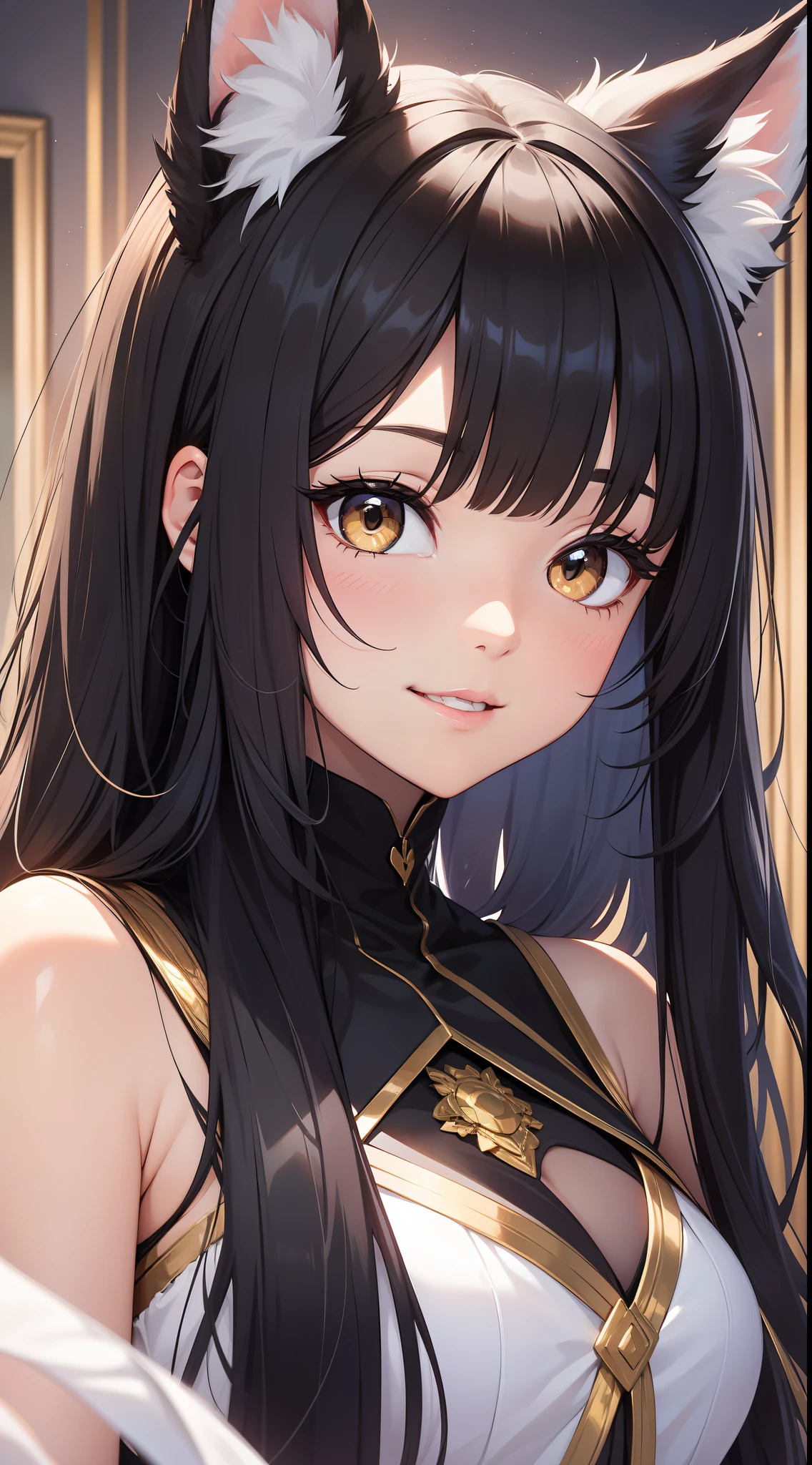young girl, Long black hair with light pink ends, White fox ears, White fox tails, Golden eyes, Tight kimoro, ssmile, Masterpiece, hiquality