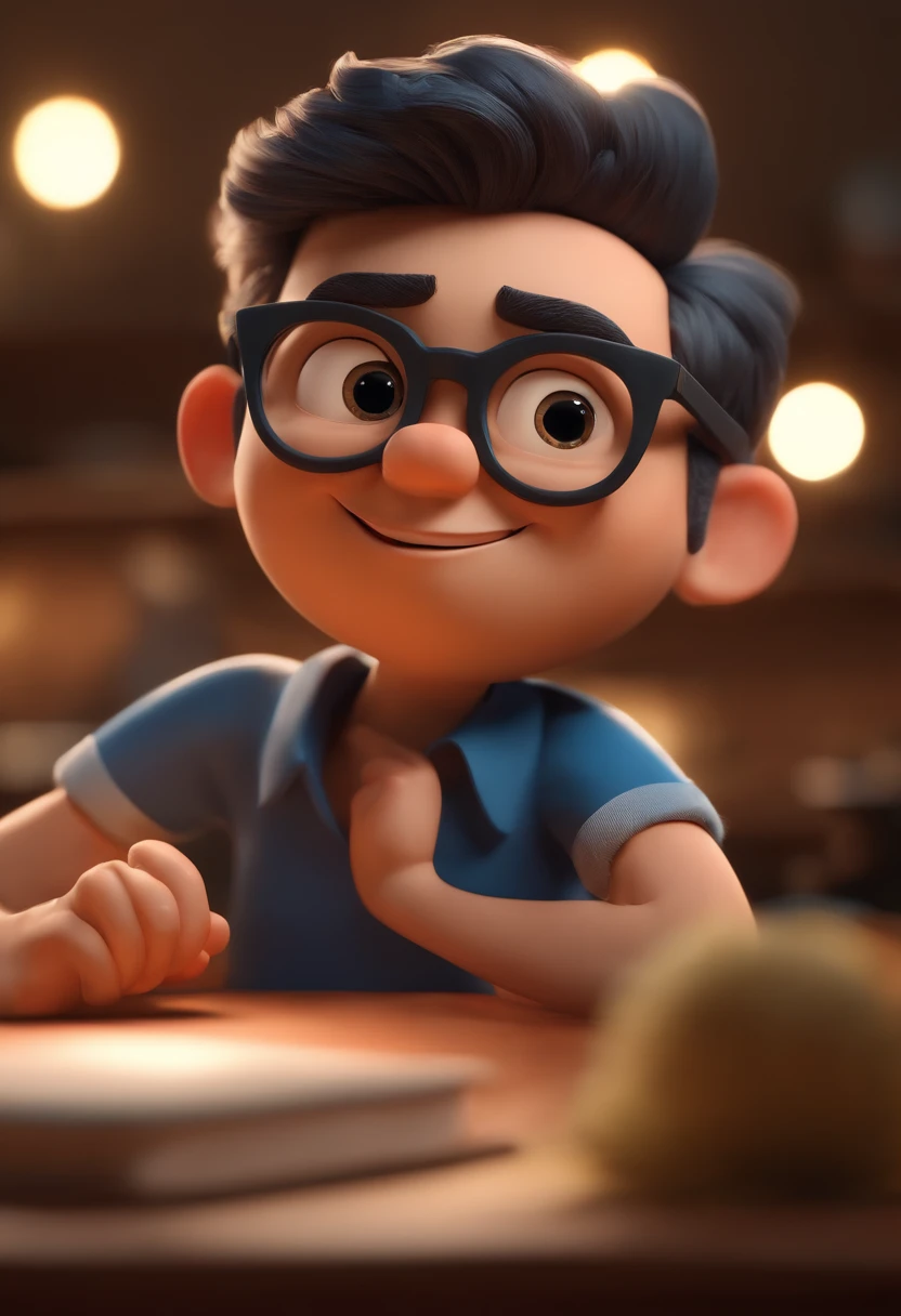 Cartoon character of a man with black glasses and a blue shirt, com pouca barba, Short frizzy hair back, animation character, Caractere estilizado, animation style rendering, 3D estilizado, Arnold Maya render, 3 d render stylized, toon render keyshot, Personagem 3D, Personagem 3D, 3d rendering stylized, 3 d character render, personagem de desenho animado, Personagem de close up, Pose de personagem, (Estilo Pixar) (master part:1.2) (Bokeh) (melhor qualidade) (pele detalhada) (textura detalhada) (8k) (argila) (Cinematic lighting) (foco nítido