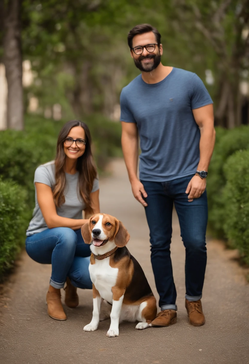 Pixar. Casal com um filhote de cachorro beagle marrom. A tem os cabelos loiros amarrados, Camiseta cinza e jeans claro, white glasses. O meninobelos pretos com cabelos grisalhos, barba pequena, oculos, Dark blue jeans and gray t-shirt. They are both smiling and are 40 years old