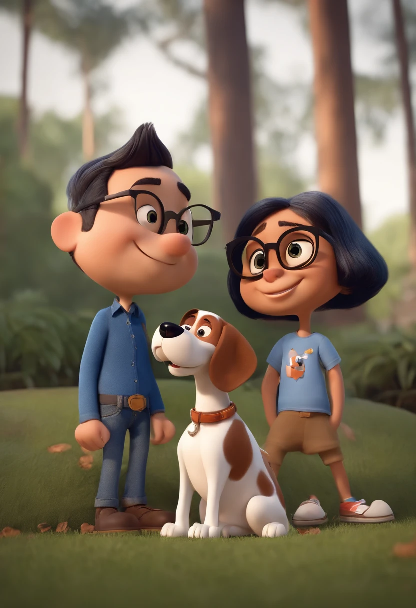 Pixar. Casal com um filhote de cachorro beagle marrom. A menina tem os cabelos loiros amarrados, Camiseta cinza e jeans claro, white glasses. O menino de cabelos pretos com cabelos grisalhos, barba pequena, oculos, Dark blue jeans and gray t-shirt. They are both smiling and are 40 years old