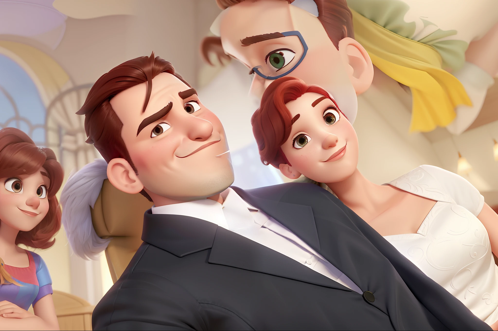 Casal (homem moreno e mulher branca) no estilo Disney Pixar, alta qualidade, melhor qualidade.