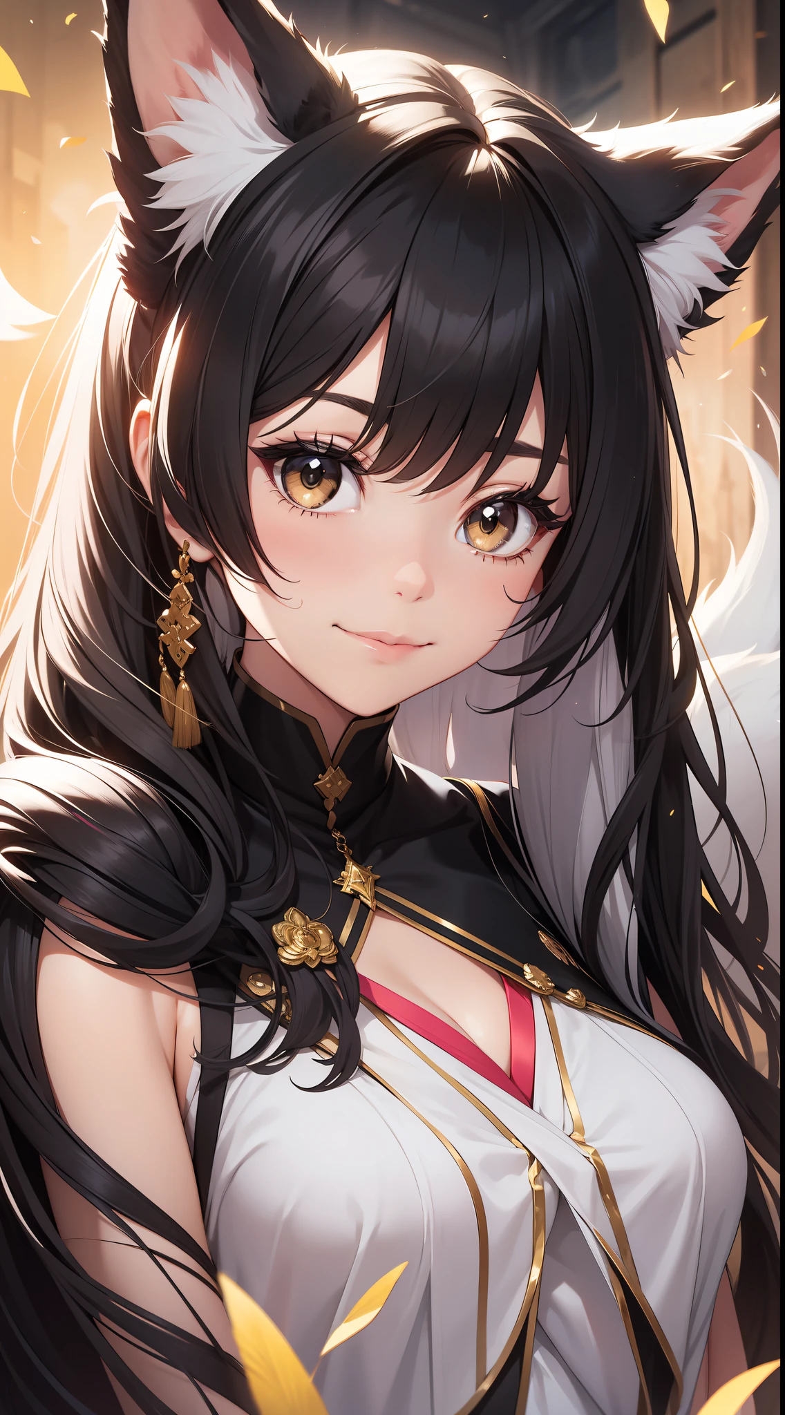 young girl, Long black hair with light pink ends, White fox ears, White fox tails, Golden eyes, Tight kimoro, ssmile, Masterpiece, hiquality