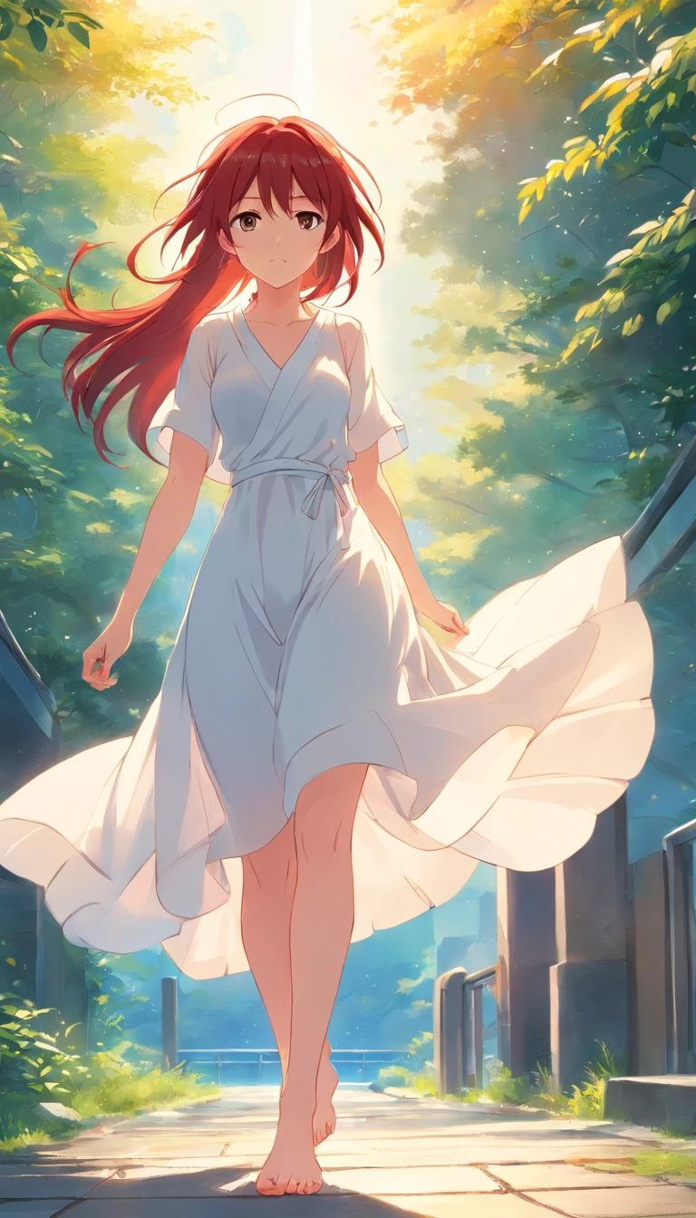Red long-haired，white dresses，a pregirl，full bodyesbian，The barefoot，Gold-tone anklet，Delicate toes，White skin，tmasterpiece，extremely detaile，8K，超高分辨率，