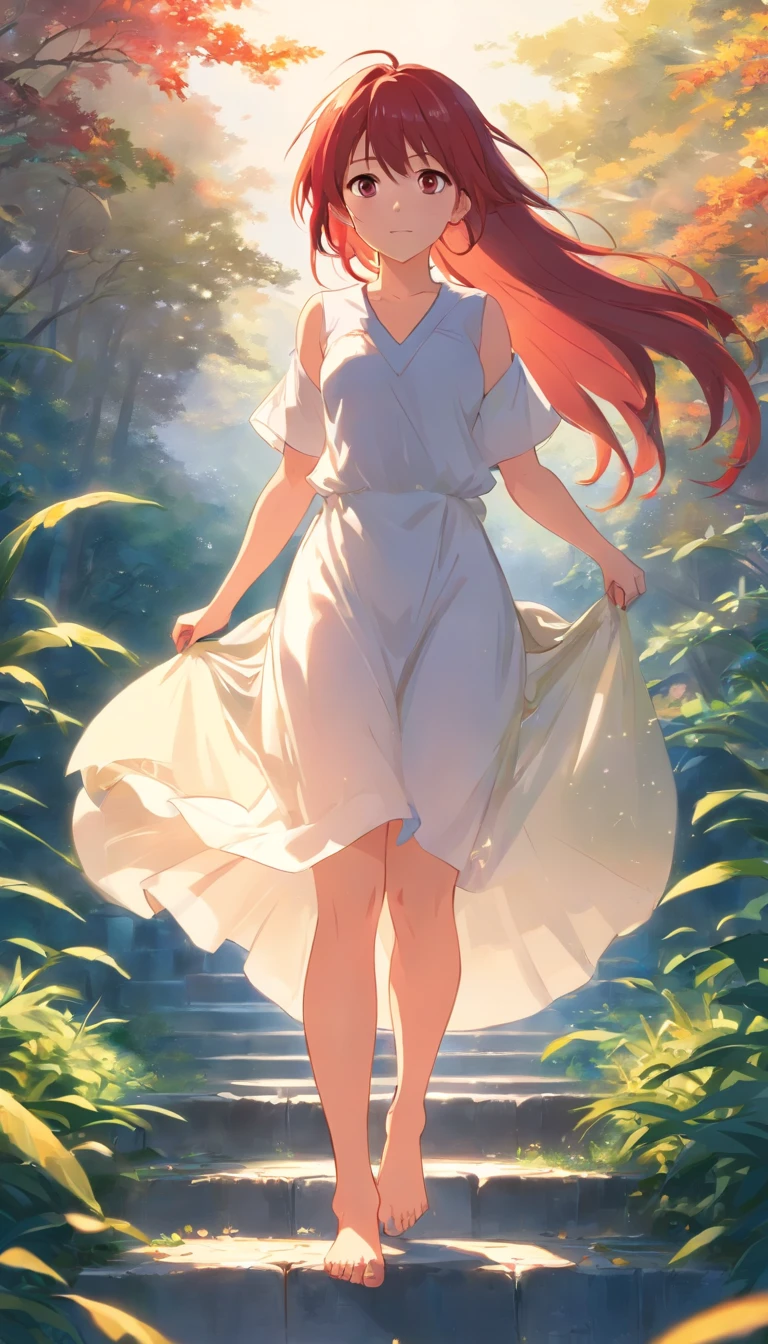Red long-haired,white dresses,a pregirl,full bodyesbian,The barefoot,Gold-tone anklet,Delicate toes,White skin,tmasterpiece,extremely detaile,8K,超高分辨率,