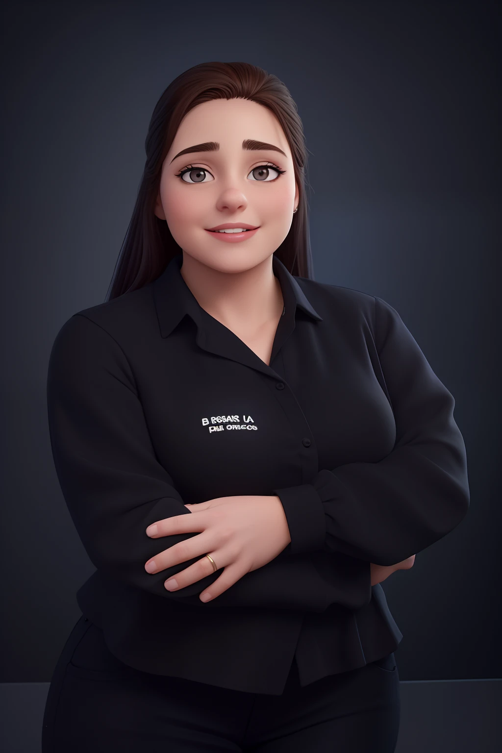 Uma mulher de 18 anos, com longos cabelos castanhos escuros , Rosto redondo, sorriso encantador, e olhos castanhos, In a classroom, studio lighting, sign language interpreter and sign language teacher. She's wearing black clothes, blouse and black jeans