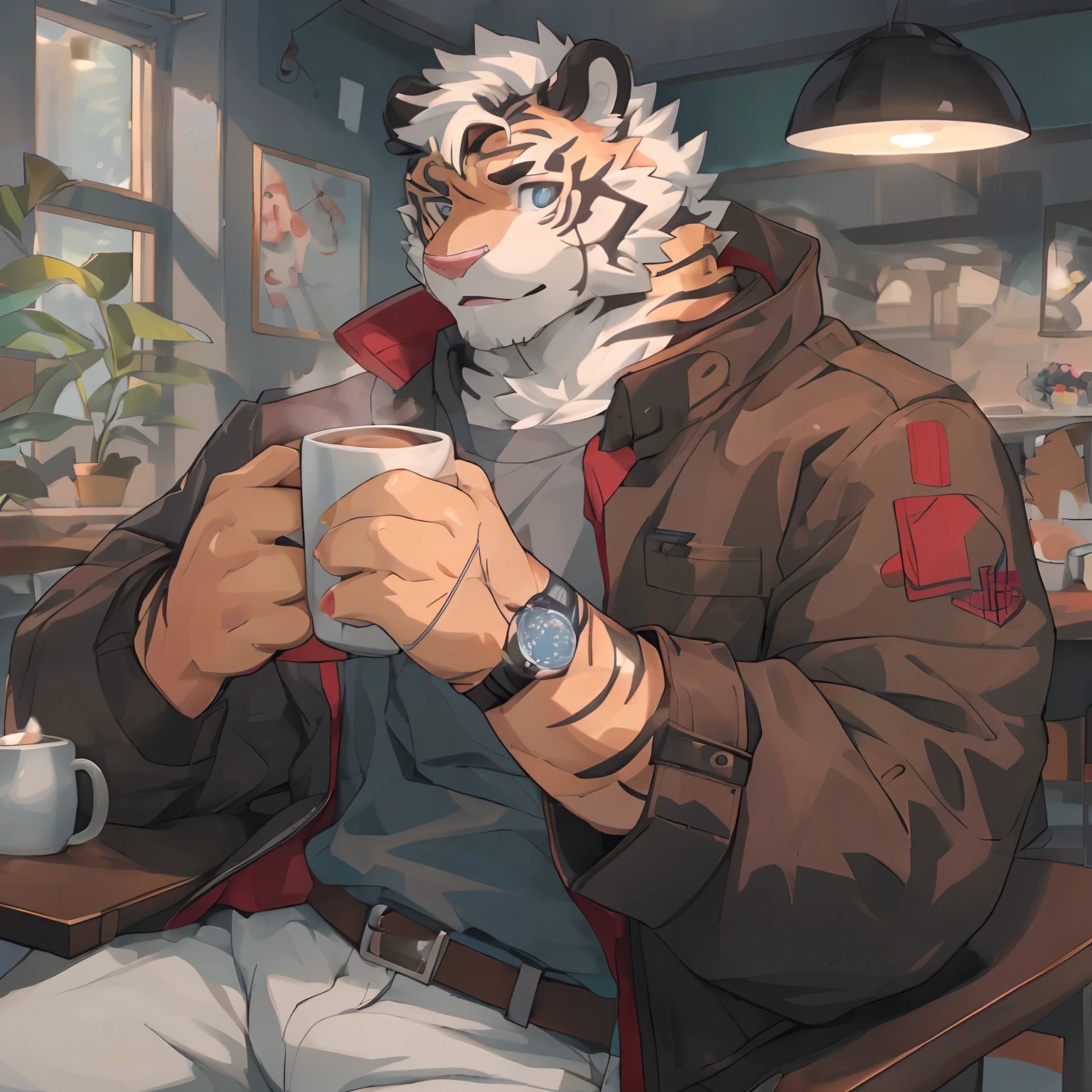 anime - style illustration of a tiger drinking a cup of coffee, cozy cafe background, fullbody commission for, pov furry art, detailed fanart, anthro art, professional furry drawing, fursona wearing stylish clothes, commission for high res, in a coffee shop, (sfw) safe for work, cozy wallpaper, furry character portrait, high quality portrait, furry anime