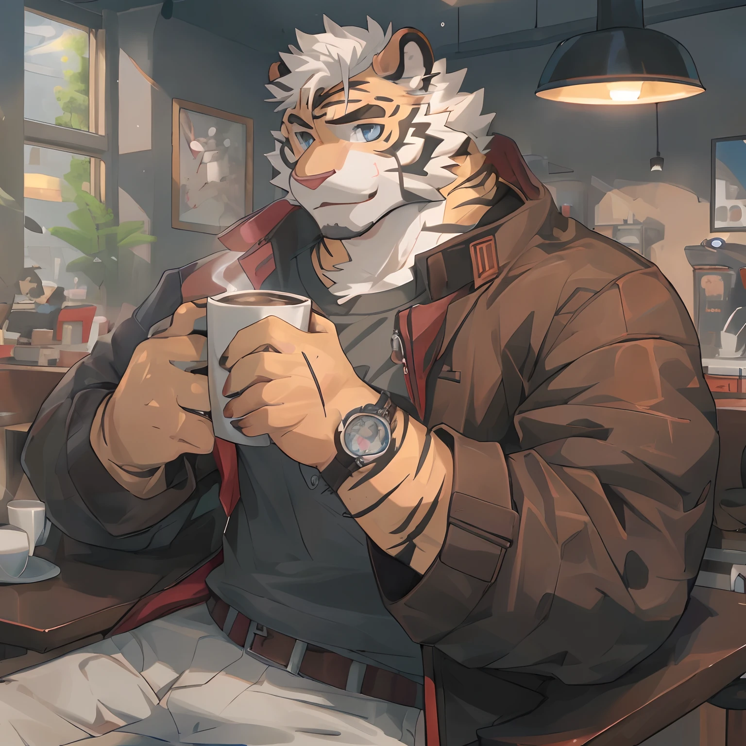 anime - style illustration of a tiger drinking a cup of coffee, cozy cafe background, fullbody commission for, pov furry art, detailed fanart, anthro art, professional furry drawing, fursona wearing stylish clothes, commission for high res, in a coffee shop, (sfw) safe for work, cozy wallpaper, furry character portrait, high quality portrait, furry anime