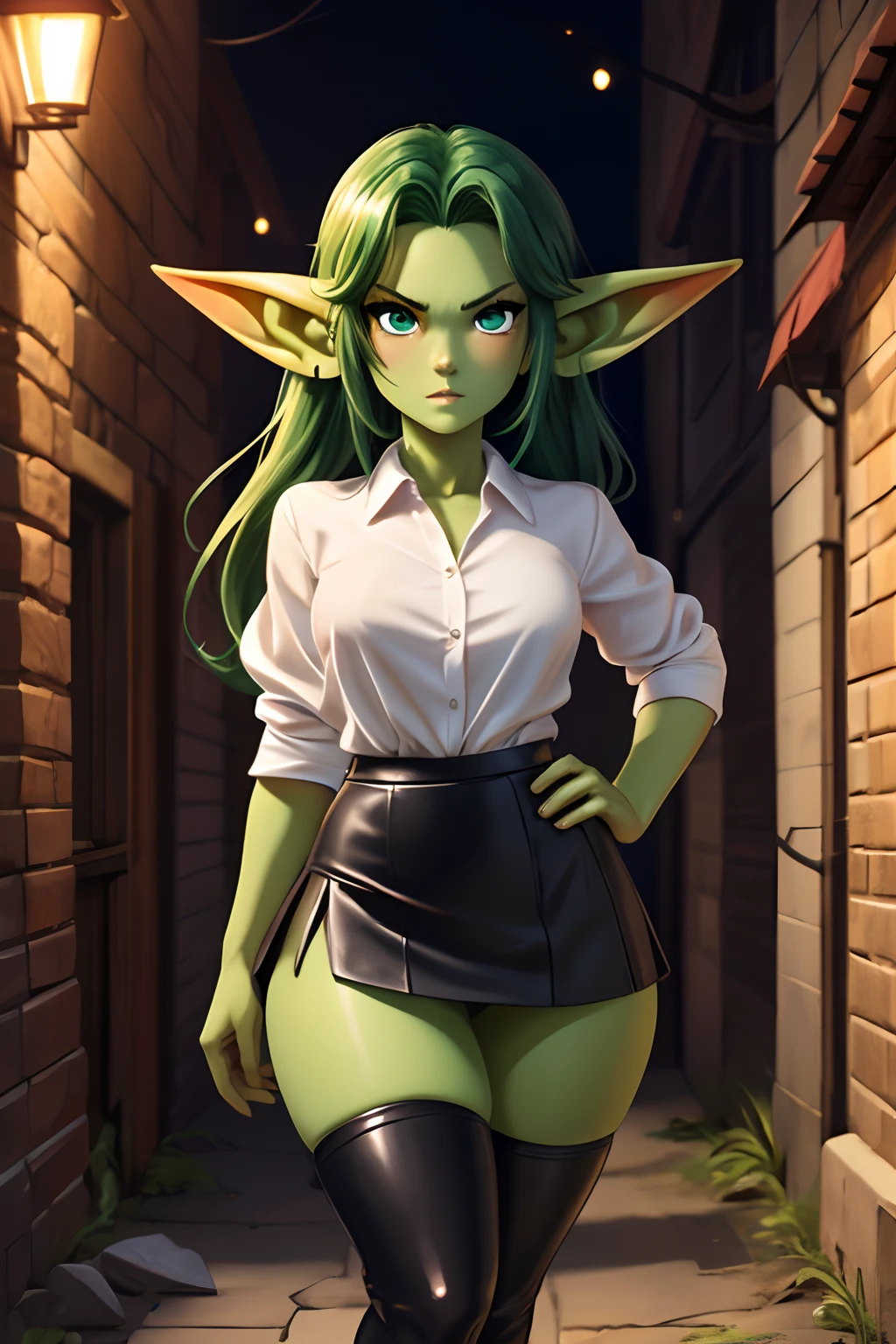 Goblin Girl, Short stature, dark green long hair, beatiful face, sexy facial expression, Facing the camera, green skin, Skin color: green, Body glare, ((pretty eyes)), green colored eyes, ((Perfect Sexy Figure)), Ideal body shapes, big thighs, ((Subtle and beautiful)), ((Fantasy Clothing: Leather Mini Skirt Sexy Leather Stockings White Shirt)), Sexy seductive stance, Full-length, background: Medieval Dark Alley, Depth of field, ((ultra quality)), ((tmasterpiece)), clear image, crisp details, Realistic, Professional Photo Session, Clear Focus, the anime, Colorfully drawn, NSFW