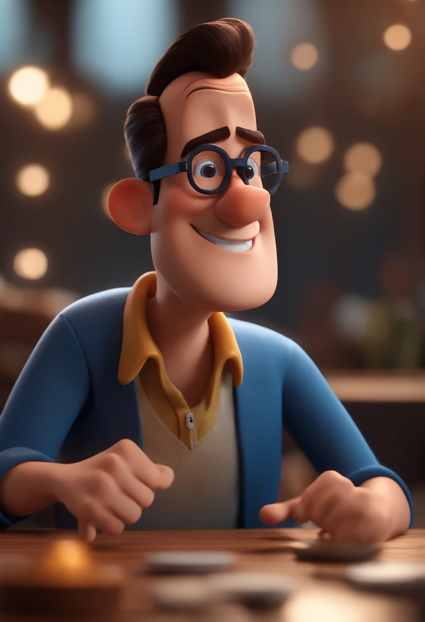 Cartoon character of a man with black glasses and a blue shirt, animation character, Caractere estilizado, animation style rendering, 3D estilizado, Arnold Maya render, 3 d render stylized, toon render keyshot, Personagem 3D, Personagem 3D, 3d rendering stylized, 3 d character render, personagem de desenho animado, Personagem de close up, Pose de personagem, (Estilo Pixar) (master part:1.2) (Bokeh) (best quality) (pele detalhada) (textura detalhada) (8k) (argila) (Cinematic lighting) (foco nítido