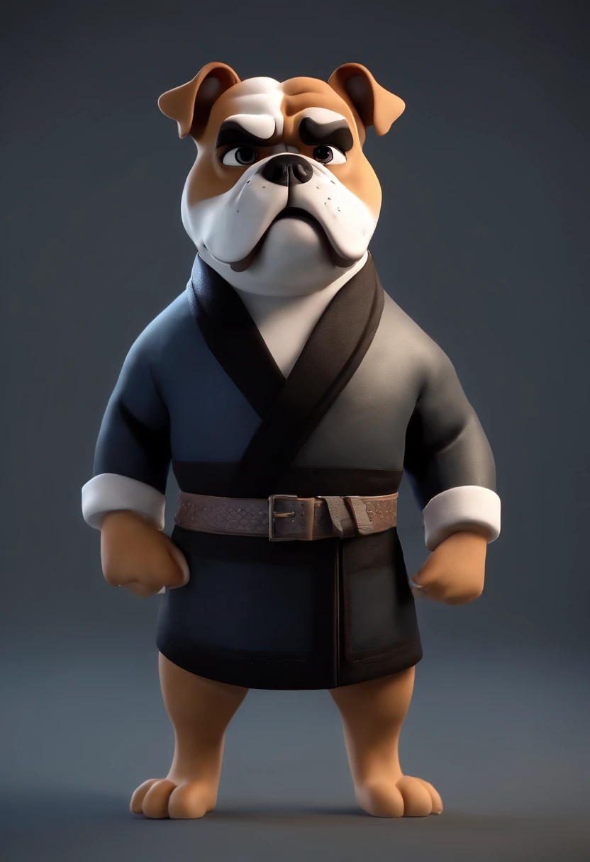 Cartoon character of a bulldog with black kimono with a Black Belt and a white shirt, animation character, Caractere estilizado, animation style rendering, 3D estilizado, Marcos Flexa render, 3 d render stylized, toon render keyshot, Personagem 3D, Personagem 3D, 3d rendering stylized, 3 d character render, personagem de desenho animado, Personagem de close up, Pose de personagem, (Estilo Pixar) (master part:1.2) (Bokeh) (best quality) (pele detalhada) (textura detalhada) (8k) (argila) (Cinematic lighting) (foco nítido