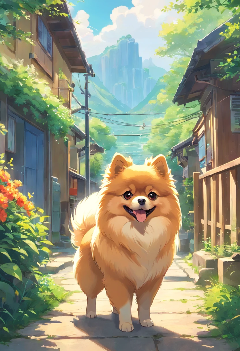 Pomeranian,A giant,large, in a village, jour