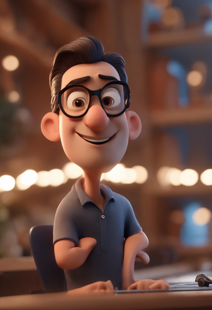Cartoon character of a man with black glasses and a blue shirt, animation character, Caractere estilizado, animation style rendering, 3D estilizado, Arnold Maya render, 3 d render stylized, toon render keyshot, Personagem 3D, Personagem 3D, 3d rendering stylized, 3 d character render, personagem de desenho animado, Personagem de close up, Pose de personagem, (Estilo Pixar) (master part:1.2) (Bokeh) (best quality) (pele detalhada) (textura detalhada) (8k) (argila) (Cinematic lighting) (foco nítido
