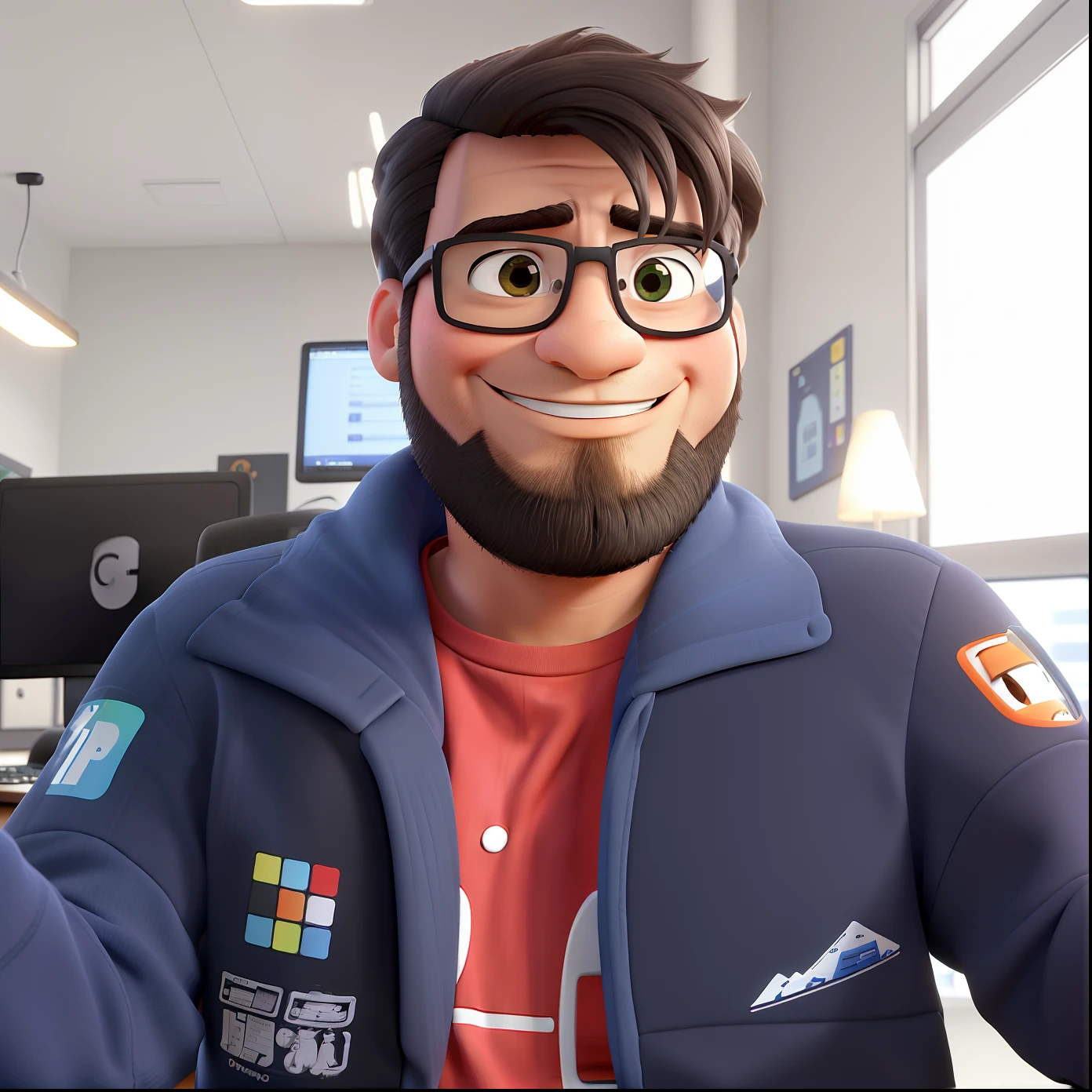 Criar desenho animado estilo pixar de um homem de 38 anos, cabelo preto ondulado, sorriso fechado, sentado na frente do computador, em uma sala com outras pessoas e computadores
