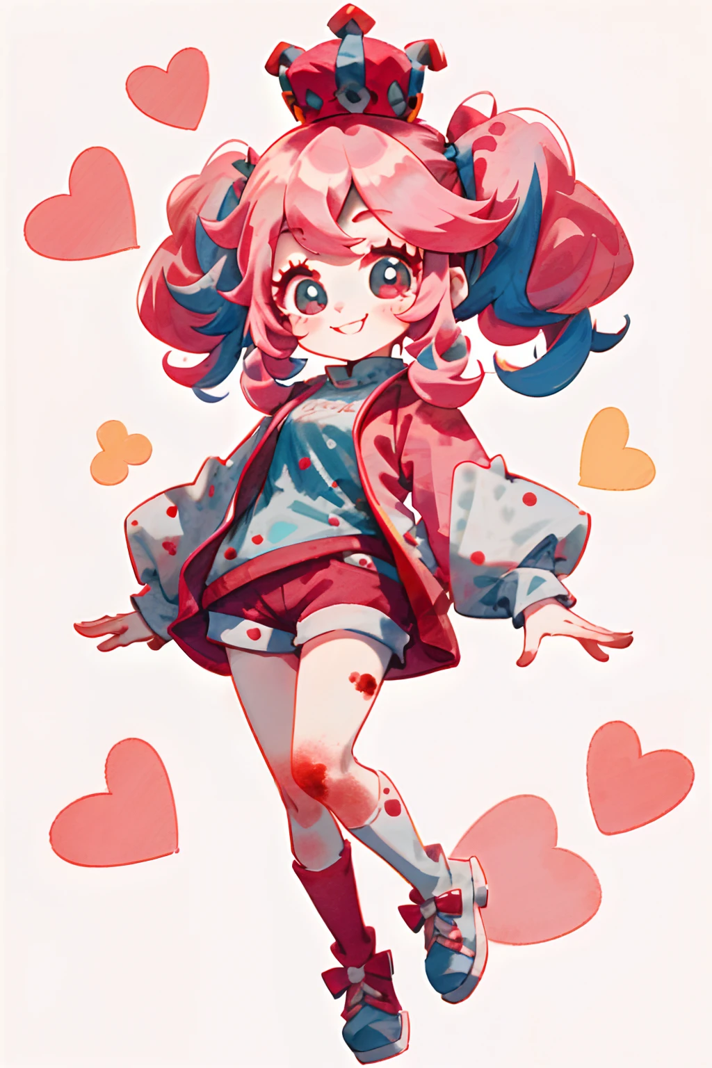 Crazy, girl, long hair, curly hair, pink hair, full body picture, pink eyes, heart shaped pupils, insane smile, blood splatter, 1GIRL, insane girl in long pink hair, crown, princess bubblegum style, finely detailed, (best quality), (intricate details), cute style, loli, jester style, multicolored, ((long pink messiest hair in pigtails)), best quality, ((long sleeve shirt and shorts)), ((red and white clothes)), ((jester style clothes)), ((thigh high socks)), ((round eyes)), ((has jester makeup)), beautiful face, happy, cute face, pinup, perfect face, simple background portrait, clowh hear cards, bubble gums