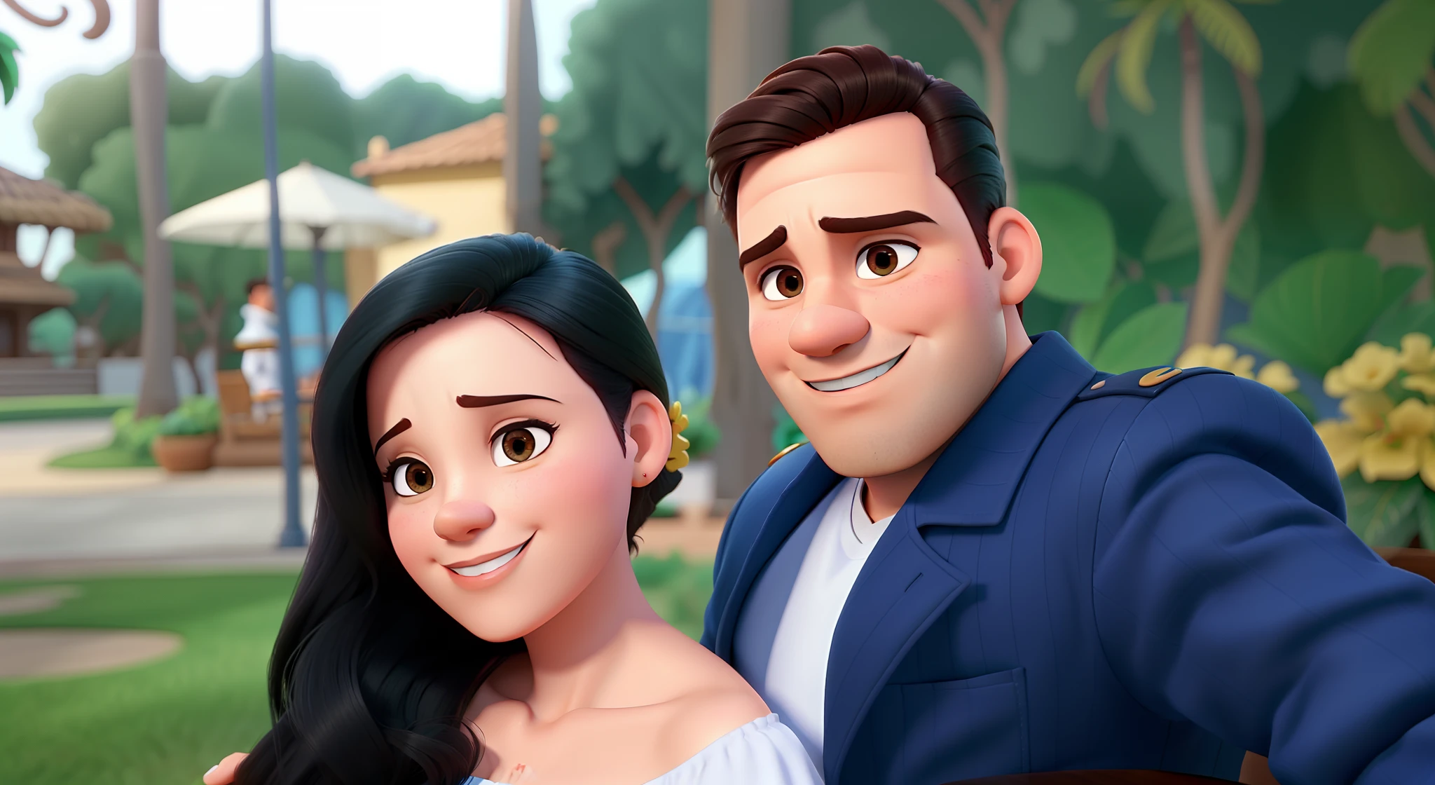 Casal (homem moreno e mulher branca) no estilo Disney Pixar, alta qualidade, melhor qualidade.