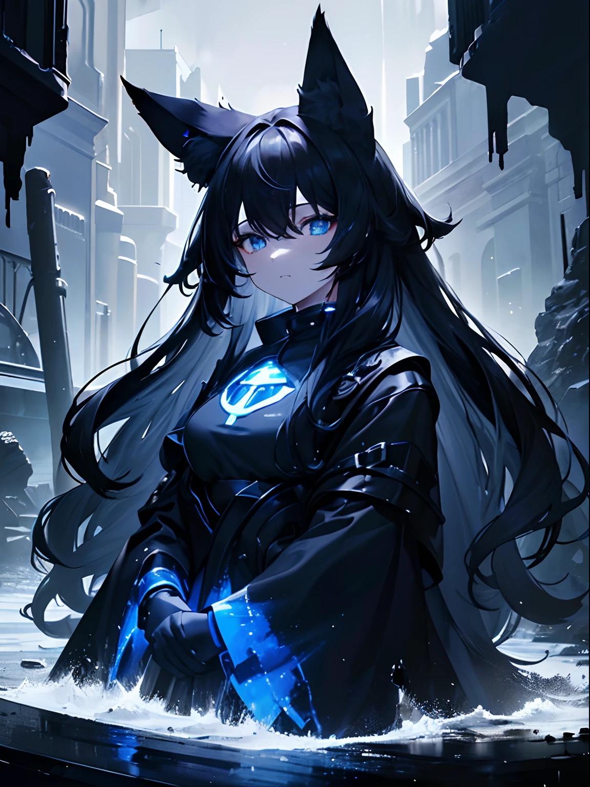 (masterpiece,best quality,ultra-detailed),1girl, black hair,dark hair,shadow black hair, fox ears,very long hair,messy hair,very curly hair,,((grey and blue theme)),in a dark cave,(night),stone pillars,((outdoor)),petroleum,oil, tar, oil spill,