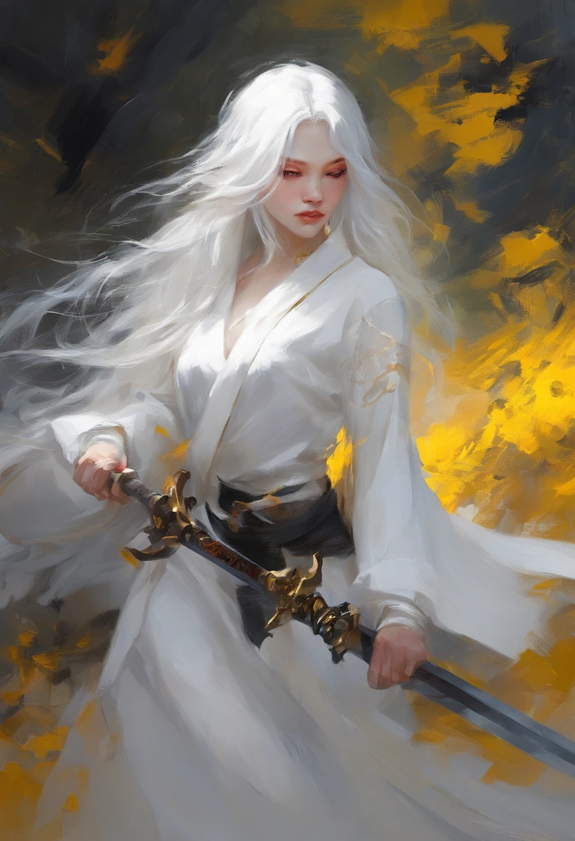 Black anime girl with long white hair in a white outfit, yellow eyes, with a sword, impatic genshin style