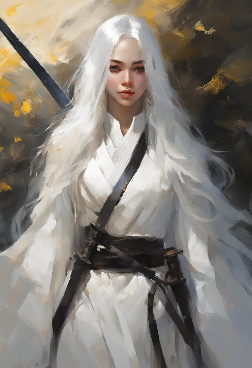 Black anime girl with long white hair in a white outfit, yellow eyes, with a sword, impatic genshin style