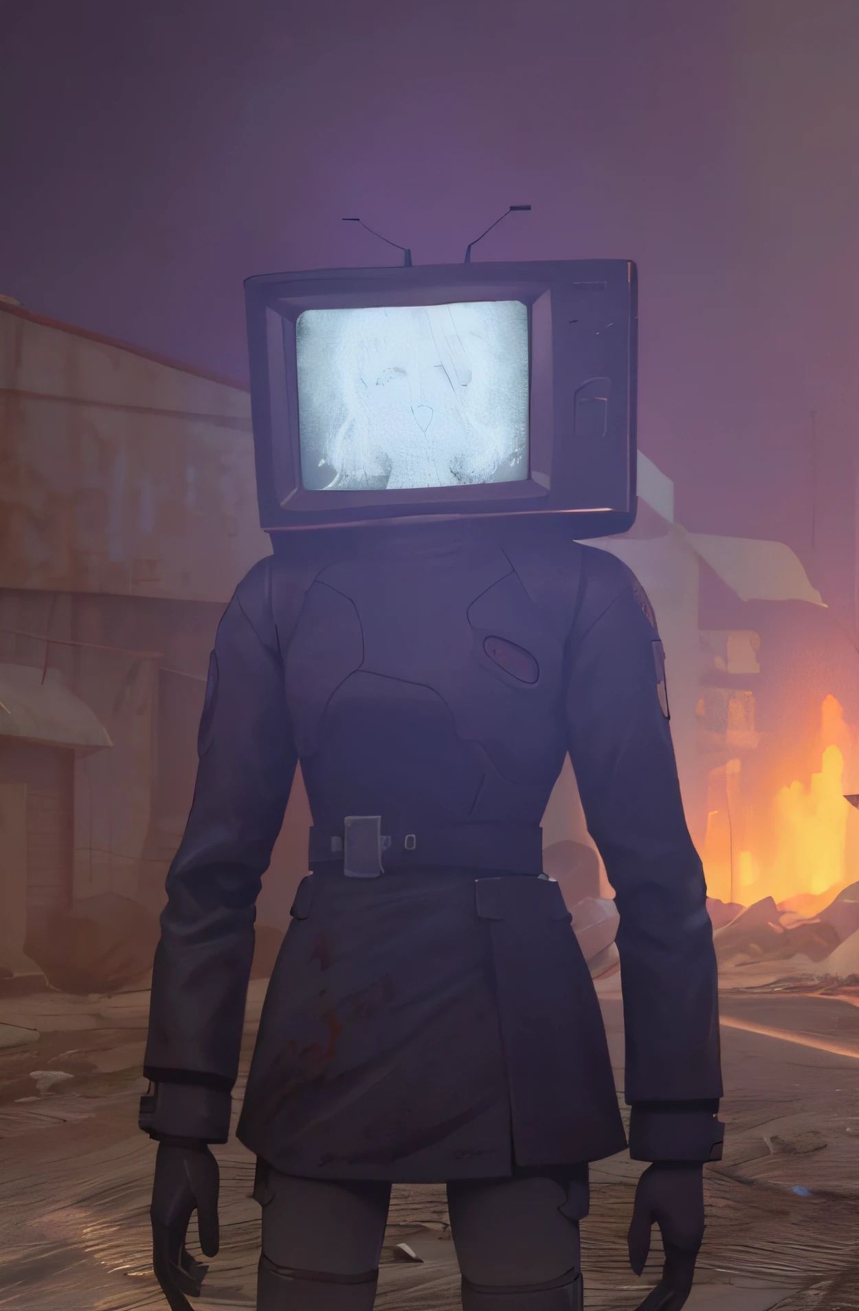 there is a person with a television on their head in a parking lot, from the game pathologic 2, simin stalenhag, in game pathologic 2, television head, tokusatsu suit vaporwave, death and robots two in the void, 2020 video game screenshot, supermodel in silent hill, still from a music video, apocalyptic fallout 7 6, black shirt, change background to white color, white color in the television screen.