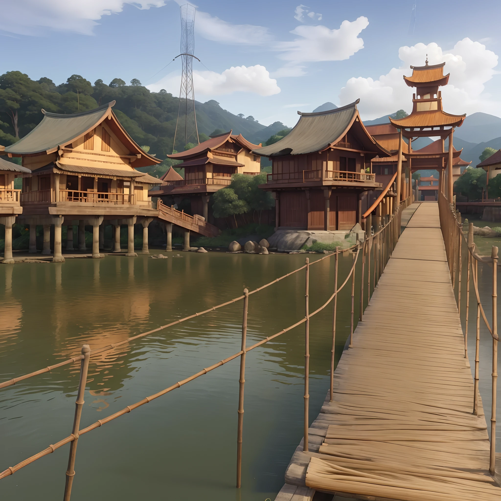 3d animation of this scene,traditional same building,same orange bridge has a base made of bamboo and pillars made of iron,The bridge handles on both sides are made of thin iron and are orange in color.Hills with lots of trees, there are electric towers , same clear water