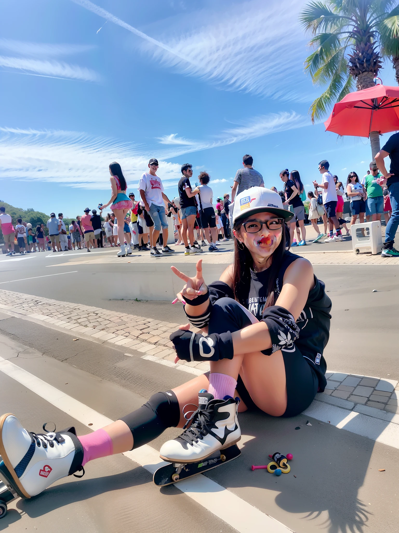 Araffe sentada no meio-fio com seu skate e capacete ligados, patins, imagem de perfil, patins;, patinadores, andrea rocha, patinadores, Malika Favre, mulher bonito, Directed by: Olivia Peguero, patins, by Amelia Peláez, foto de perfil, Directed by: Emma Andijewska, Caroline Gariba, cool looking