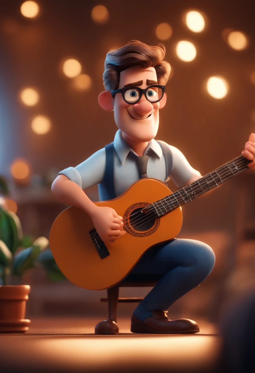 48 year old man in white shirt with blue sleeves playing guitar on top of electric trio Stylized character, animation style rendering, 3D estilizado, Arnold Maya render, 3 d render stylized, toon render keyshot, Personagem 3D, Personagem 3D, 3d rendering stylized, 3 d character render, personagem de desenho animado, Personagem de close up, Pose de personagem,  (Estilo Pixar) (master part:1.2) (Bokeh) (best quality) (pele detalhada) (textura detalhada) (8k) (argila) (Cinematic lighting) (foco nítido