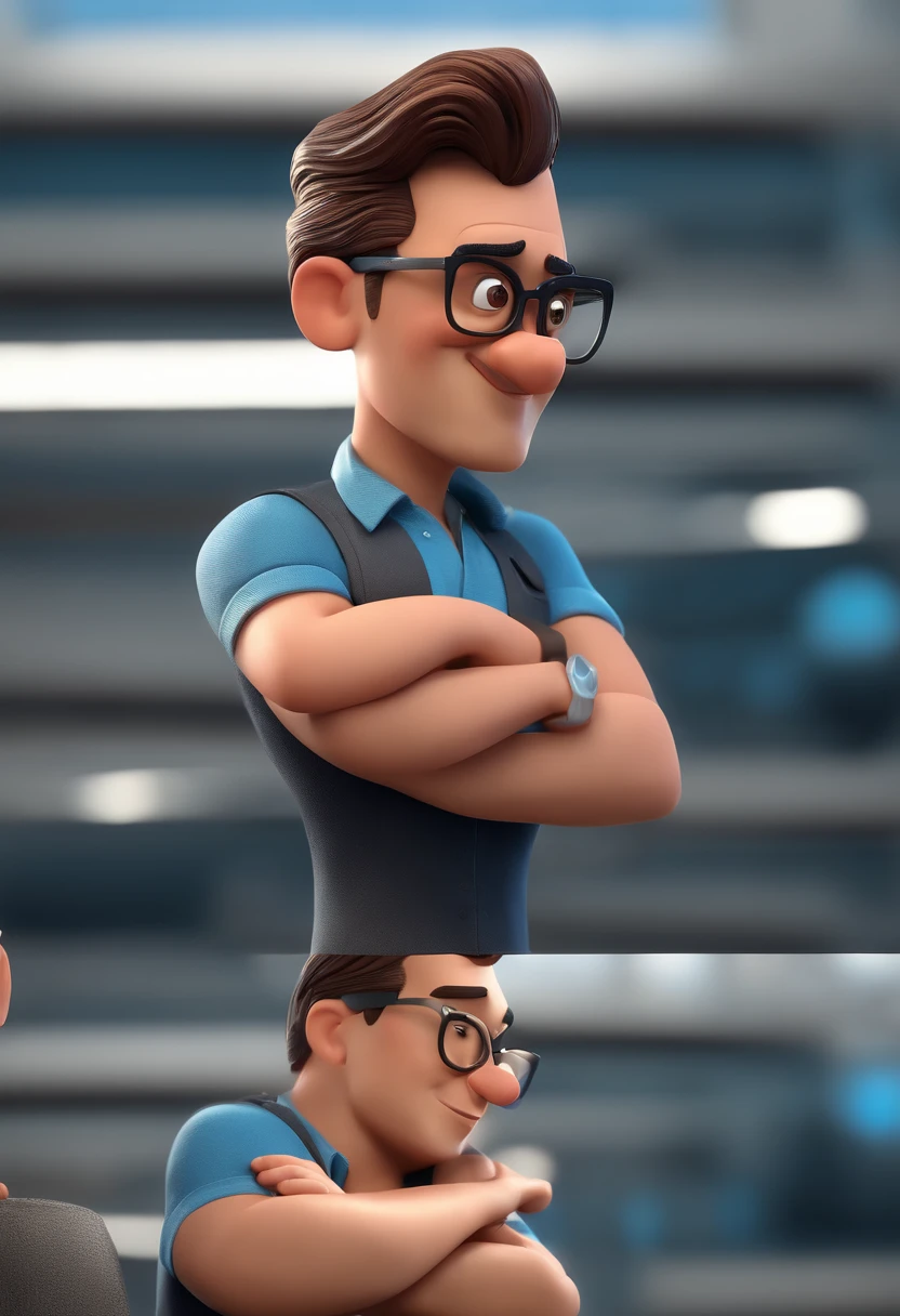 Cartoon character of a man with black glasses and a blue shirt, animation character, Caractere estilizado, animation style rendering, 3D estilizado, Arnold Maya render, 3 d render stylized, toon render keyshot, Personagem 3D, Personagem 3D, 3d rendering stylized, 3 d character render, personagem de desenho animado, Personagem de close up, Pose de personagem, (Estilo Pixar) (master part:1.2) (Bokeh) (best quality) (pele detalhada) (textura detalhada) (8k) (argila) (Cinematic lighting) (foco nítido