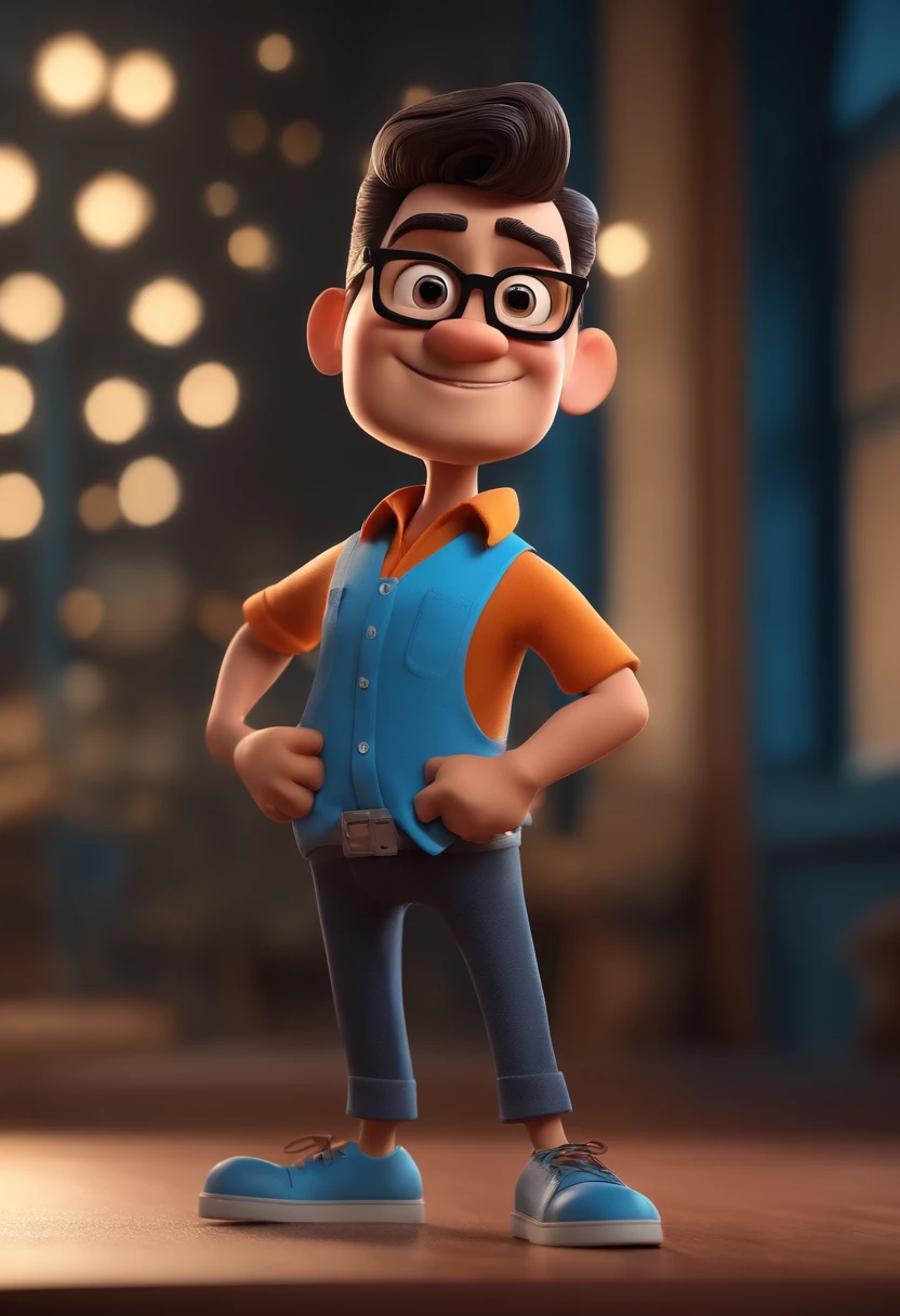 Cartoon character of a man with black glasses and a blue shirt, animation character, Caractere estilizado, animation style rendering, 3D estilizado, Arnold Maya render, 3 d render stylized, toon render keyshot, Personagem 3D, Personagem 3D, 3d rendering stylized, 3 d character render, personagem de desenho animado, Personagem de close up, Pose de personagem, (Estilo Pixar) (master part:1.2) (Bokeh) (best quality) (pele detalhada) (textura detalhada) (8k) (argila) (Cinematic lighting) (foco nítido