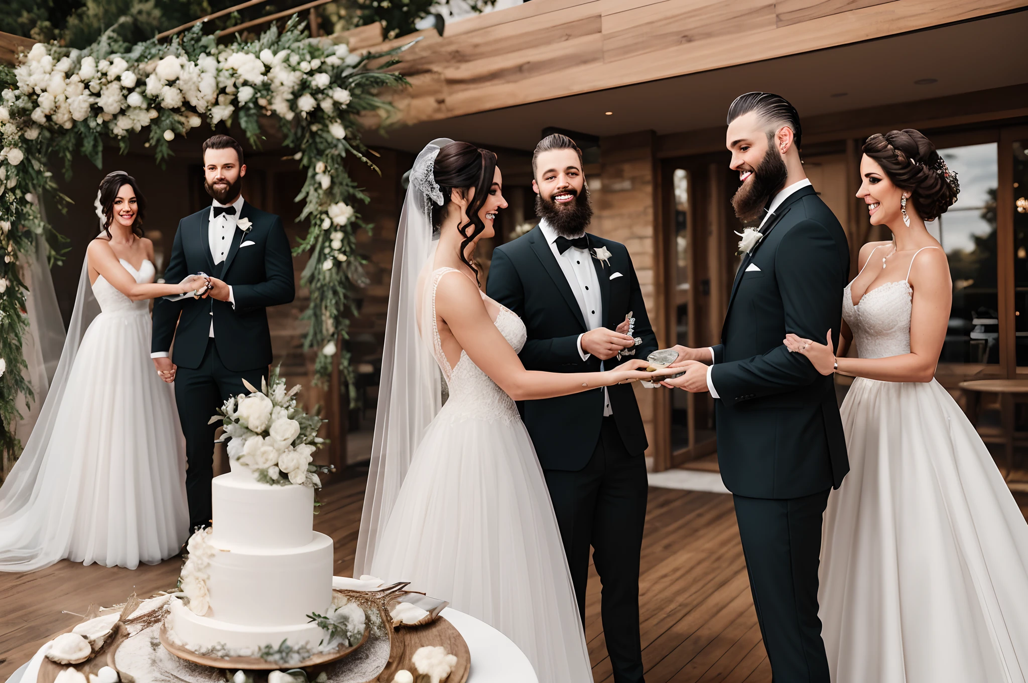 Casal cortando bolo grande casamento.
Ela estartura media cabelo preto, com belo vestido de noiva branco,.
Ele com fraque cinza, beard and slicked-back hair.