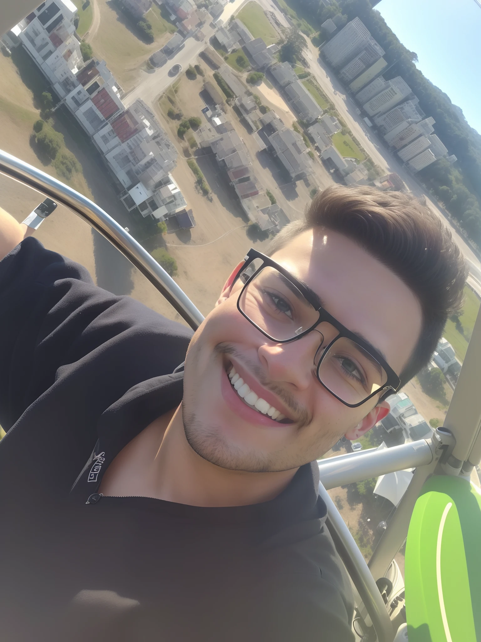 Smiling man in glasses on a Ferris ride at a fair, selfie shot straight on angle, olhar orgulhoso, foto selfie, orgulhoso olhando para longe, Streamer do Twitch / Jogador Ludwig, Foto POV, muito bobo olhando, parecendo feliz, Looking towards the camera, muito ligeiramente sorridente, imagem de qualidade muito baixa, imagem do avatar, foto de perfil 1024px, cerca de 20 yo